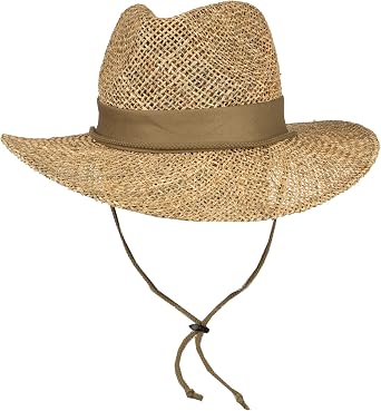 Outdoor Cap Straw Sun Hat Wide Brim Vented Crown with Adjustable Chin Cord, Navy Band, One Size