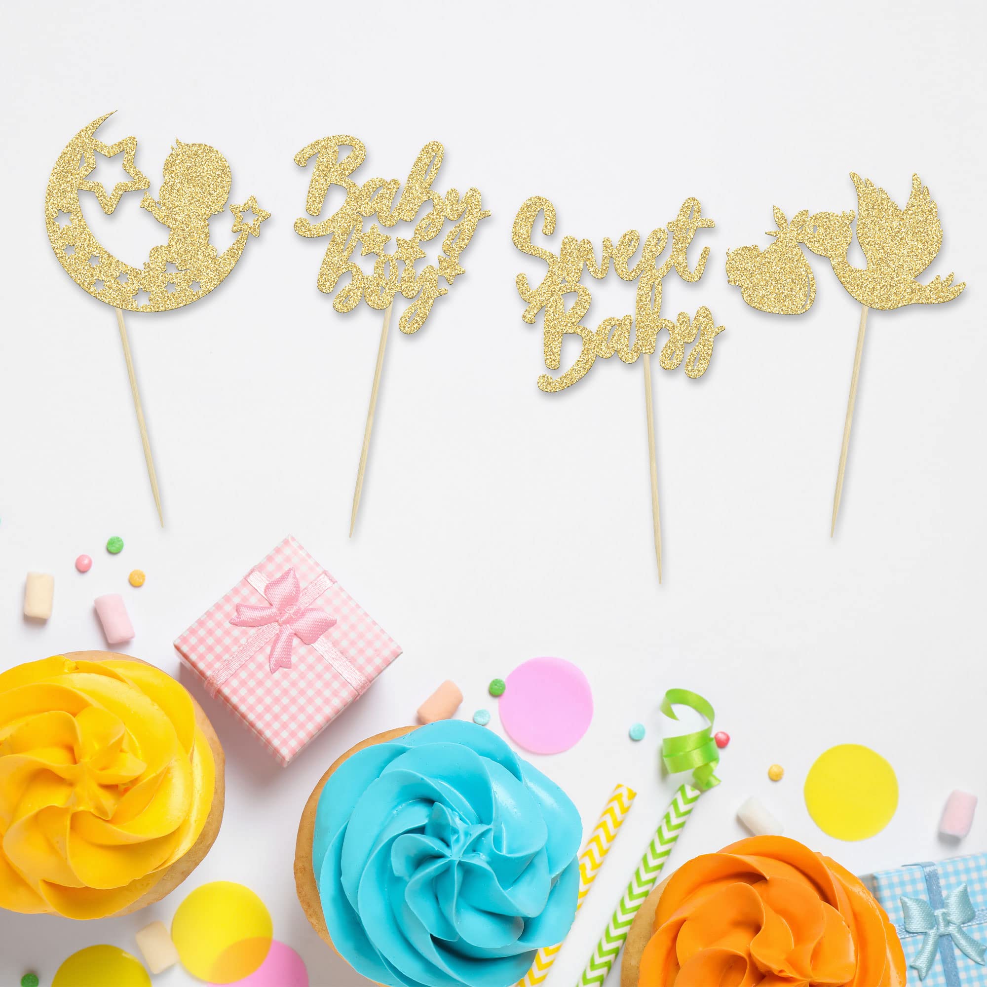 24 PCS Baby Boy Cupcake Toppers - Glitter Moon & Star Picks For Gender Reveal, Baby Shower, Birthday (Dark Blue)