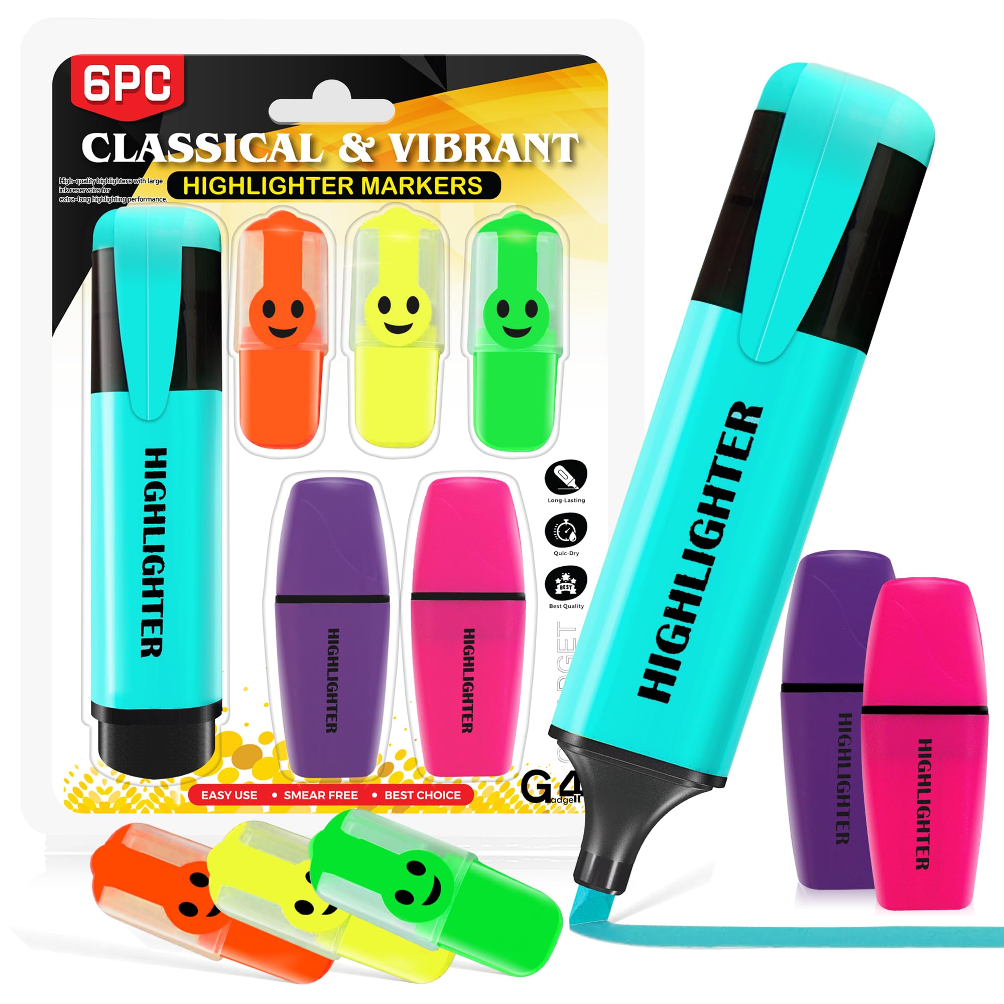 G4GADGET 6 Pack Assorted Highlighter Pens – Classic & Mini Highlighters for Study, Office & Use | No Bleed, Smear Free, Vibrant Colours | Cute & Pastel Markers for School, Notes & Journals