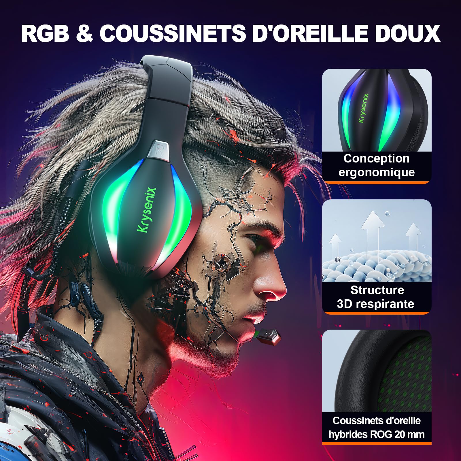 Krysenix PG1 Casque Gaming pour PS4, PS5, PC, Xbox, Nintendo Switch, Casque Gamer avec Son Microphone Stéréo AI, Casque avec Prise Jack 3,5 mm et lumière RVB, Noir/Vert