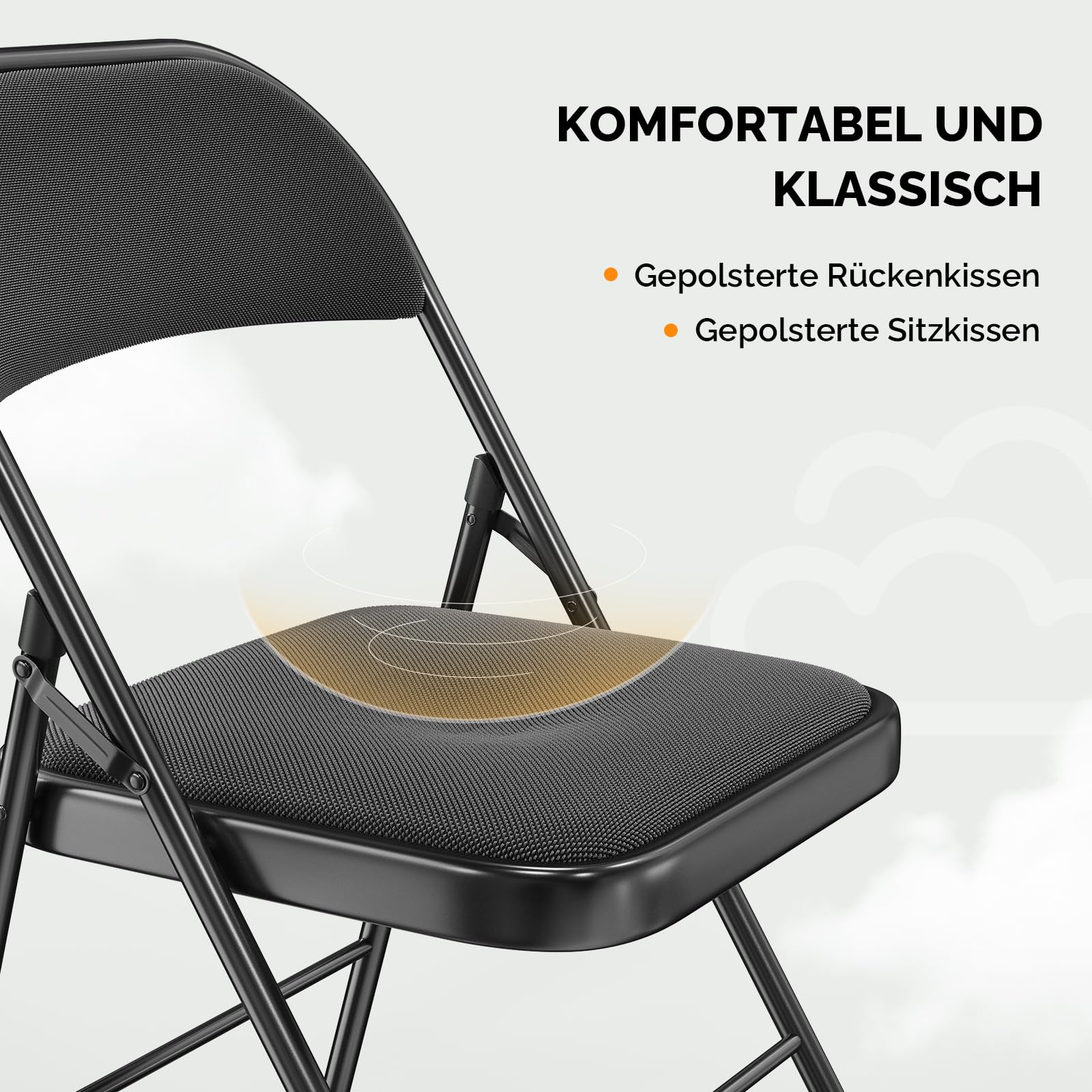Bonnlo Klappstuhl 6er Set Stahl Stoff Gepolsterte Klappstühle Stabiler Stahlrahmen bis 159 kg Faltbarer Stuhl Schwarz