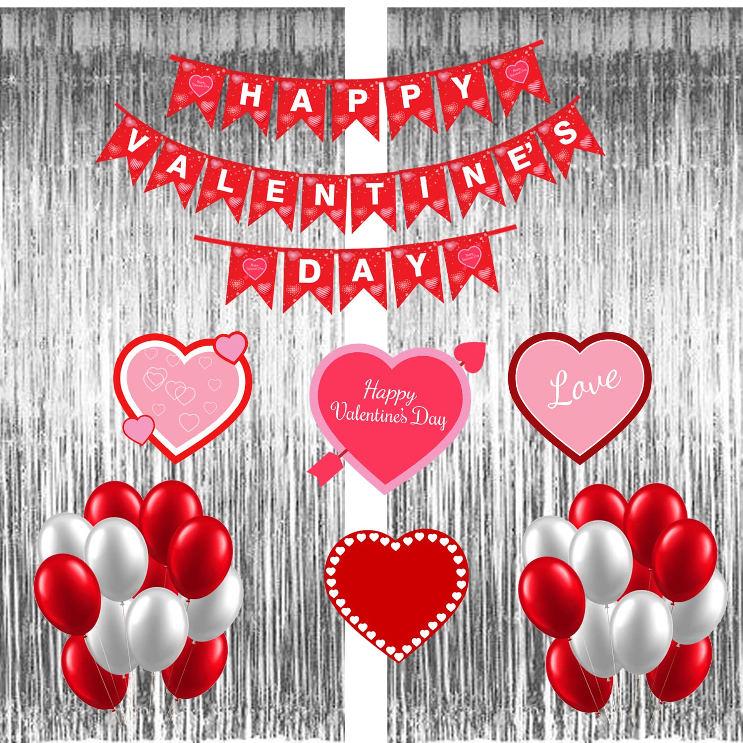WoW Party Studio Happy Valentine's Day Eve Decorations Combo Kit - 1Pcs Bunting Banner, 2pcs Foil Curtain Silver, 20Pcs Red White Balloons, 4pcs Cutouts -27Pcs Combo Kit