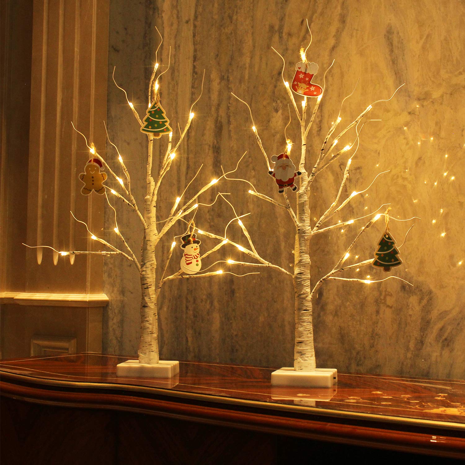 Fanshunlite 2FT 24LED Warm White Christmas Birch Tree Light Battery Operated Tabletop Tree Light for Home Party Wedding Decoration Set of 2