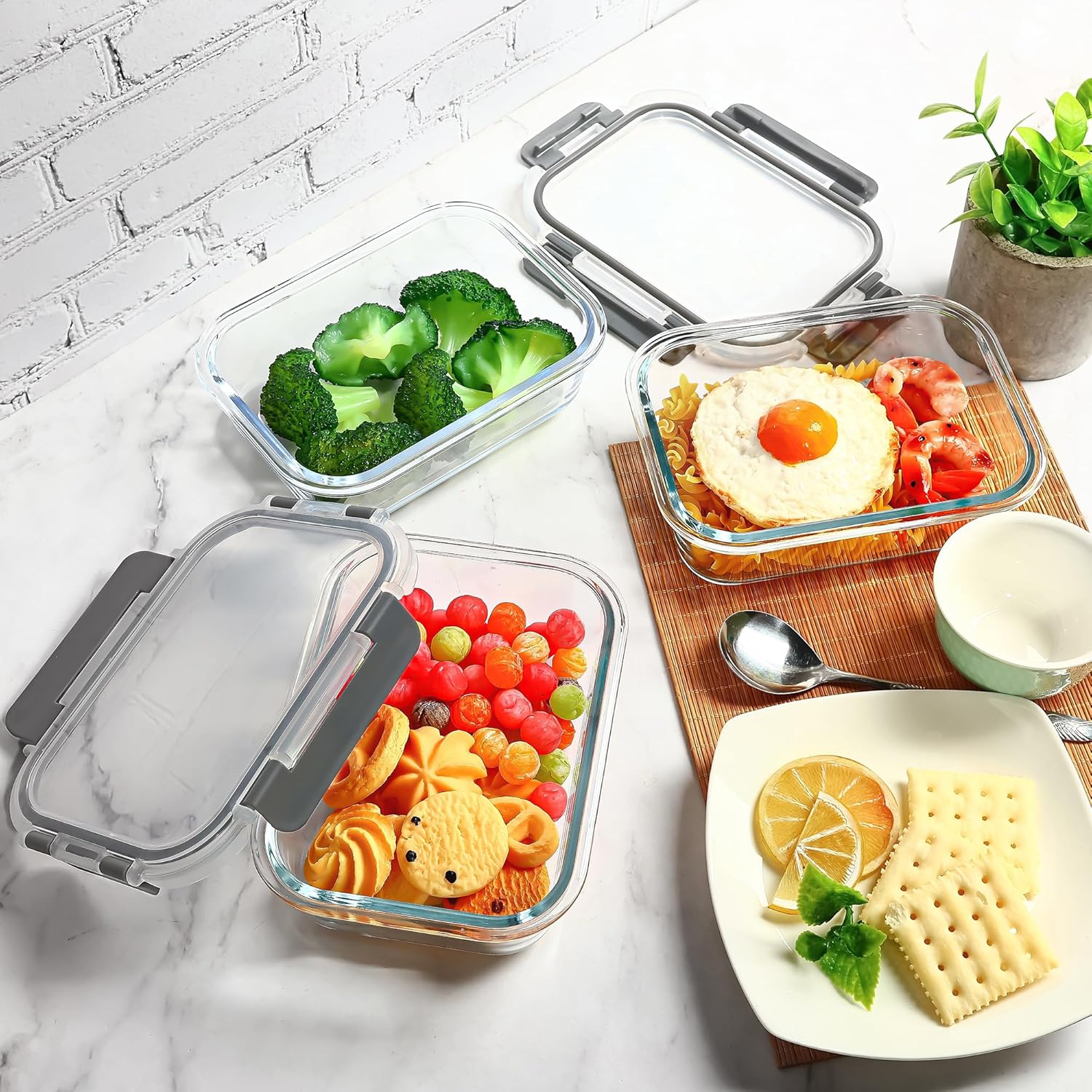 Glass Food Storage Containers 10 Pack - 22Oz Meal Prep Container Set with Lid, Airtight Snap Lock, Microwave Freezer Oven Dishwasher Safe, Lunch Box for Work, Grey