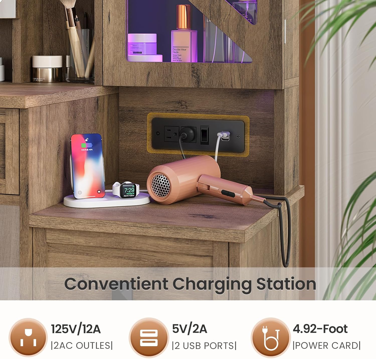 AOGLLATI Farmhouse Vanity Desk with Mirror and Lights, Makeup Vanity Set with Lights & Jewelry Cabinet & 5 Drawers, Vanity Table with Charging Station, Hidden Storage Space for Bedroom, Brown