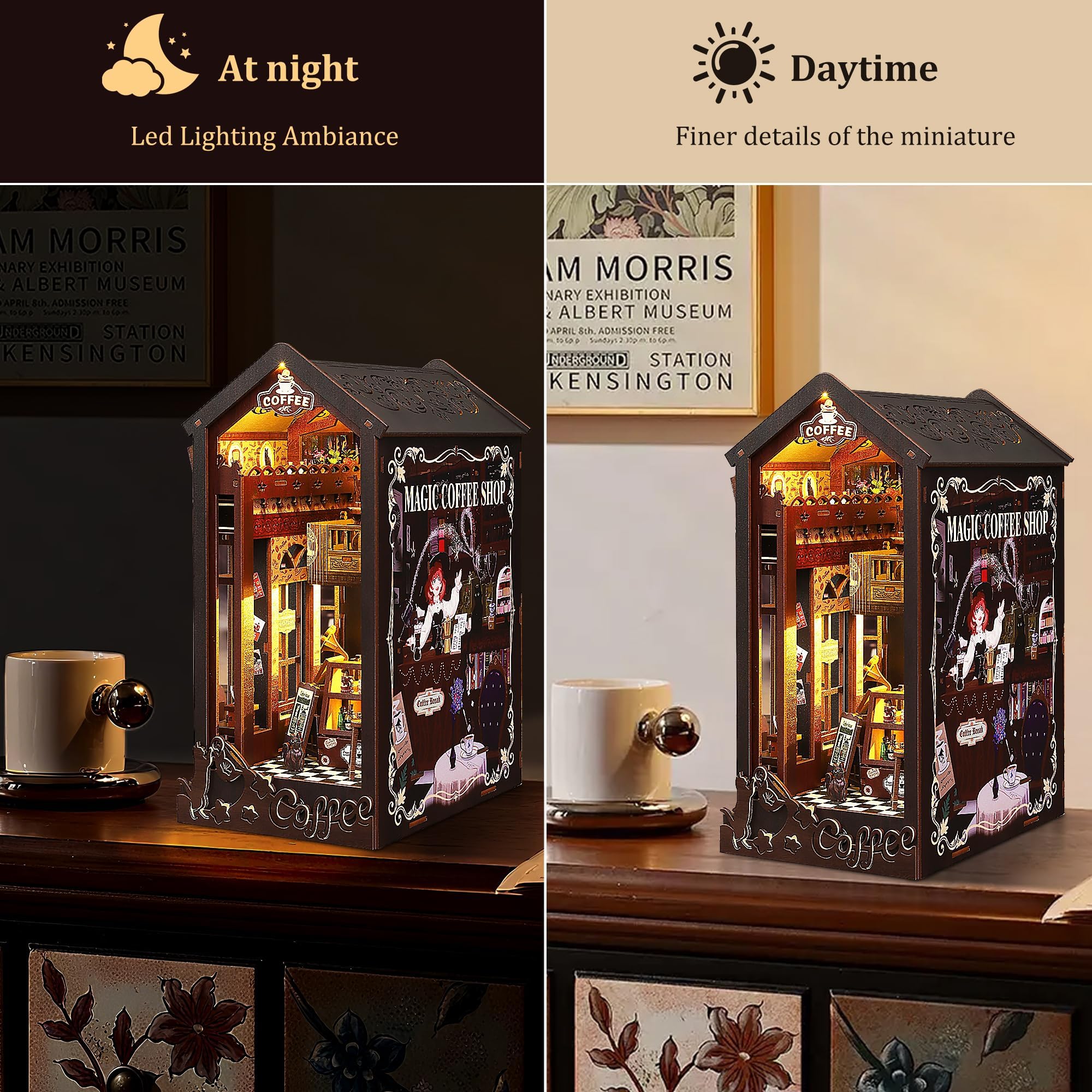 Book Nook Kit dla dorosłych: LUMYCE drewniane puzzle "zrób to sam" miniaturowy domek dla lalek 3D - podpórka na książki do regału na książki dekoracja z oświetleniem LED, kreatywny prezent dla