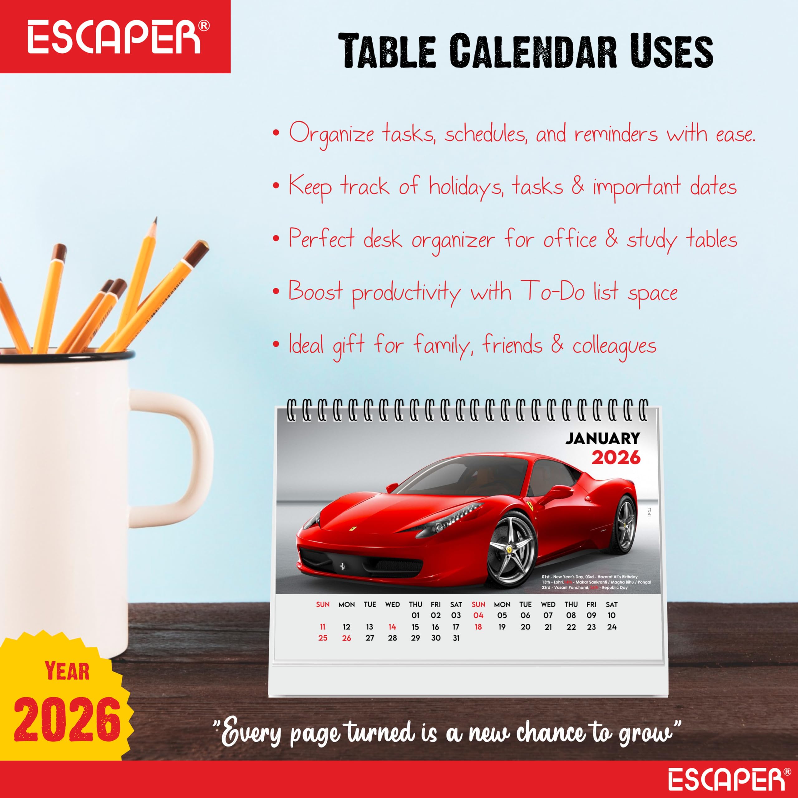 ESCAPER Cars Tischkalender 2026 - A5 Tischkalender mit Sportfahrzeugen, Schreibtisch-Organizer für Büro & Studium, Automobil-Neujahrsgeschenk