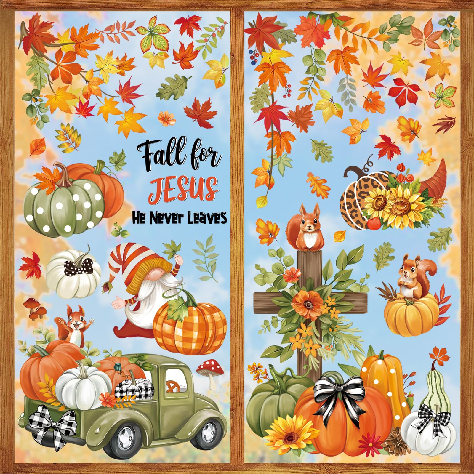wondever Pumpkin Leaves Window Clings Religious Thanksgiving Fall for Jesus Cross Truck Glass Sticker Decal Anti Collision Double-Side Static Window Stickers for Home Glass Window