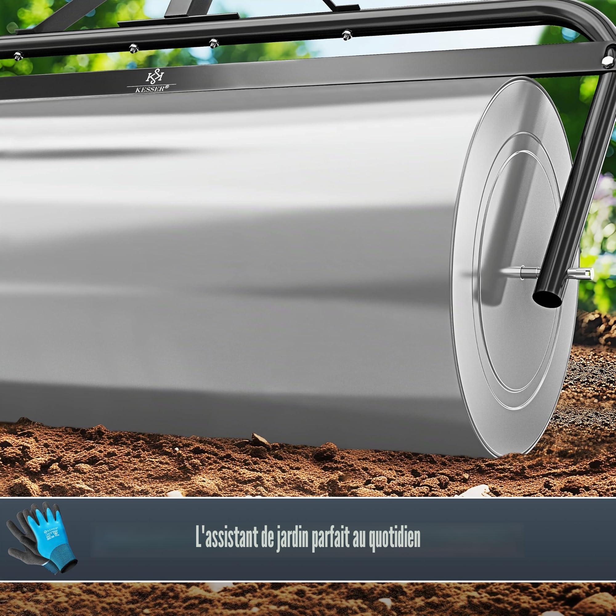 KESSER® Rouleau à gazon en métal à remplir avec de l'eau ou du sable avec un volume de remplissage de 63 l et 99 cm de large - Rouleau de jardin avec 5 pointes et gants - Rouleau manuel pour gazon -