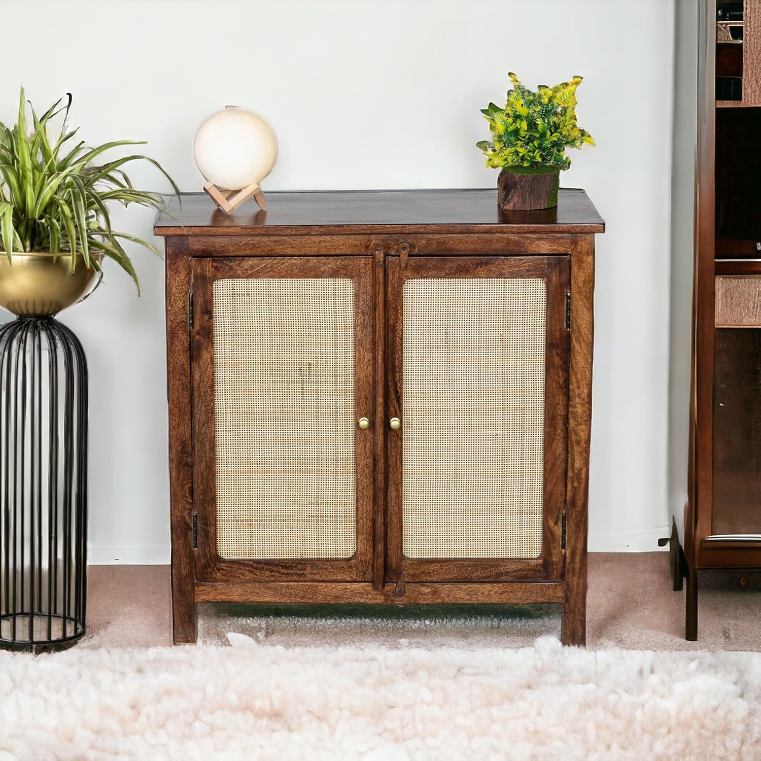 Wooden Cane Kitchen Cabinet with 2 Rattan Cane Door for Living Room | Solid Wood Kitchen Crockery Cabinet for Living Room with 2 Shelf for Storage. (Walnut)-image-7