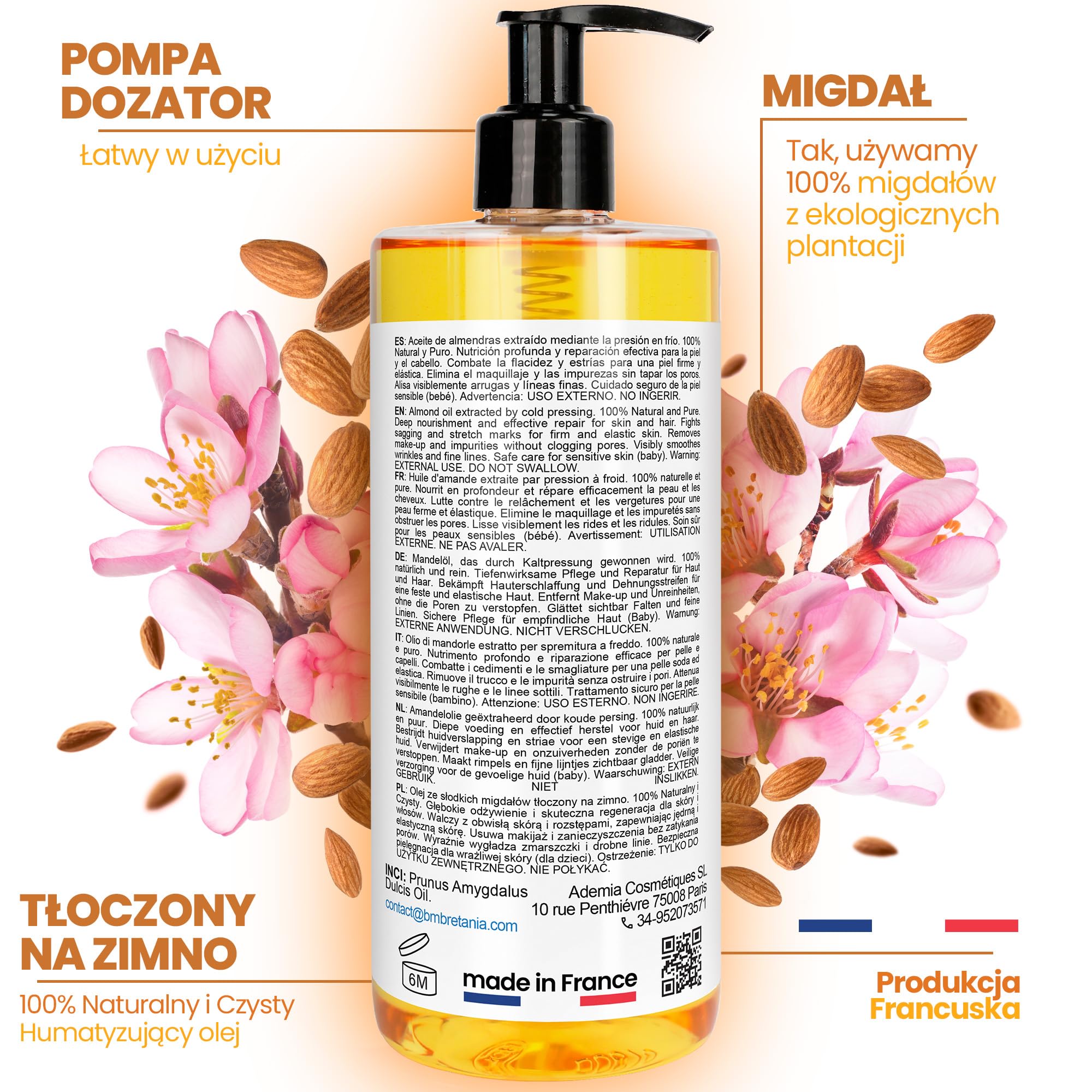 bleu & marine Bretania - 100% Naturalny Olej ze Słodkich Migdałów 200ml | Bez Syntetycznych Konserwantów | Idealny do Masażu | Wszechstronny Krem Nawilżający | Bogaty w Proteiny i Witaminę D