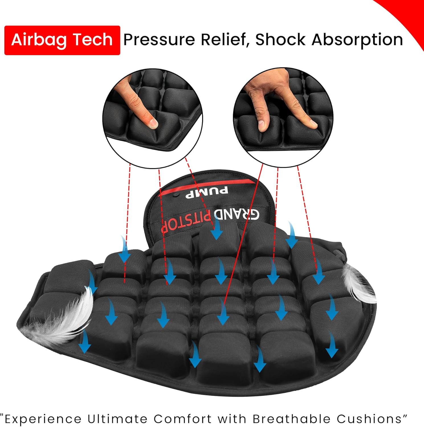 GRAND PITSTOP Motorcycle Air Seat Cushion with Air Filling Pump, Inflatable Bubble Air Pads with Breathable Mesh Cover & Non-Skid Bottom Compatible for Cruiser Motorcycle