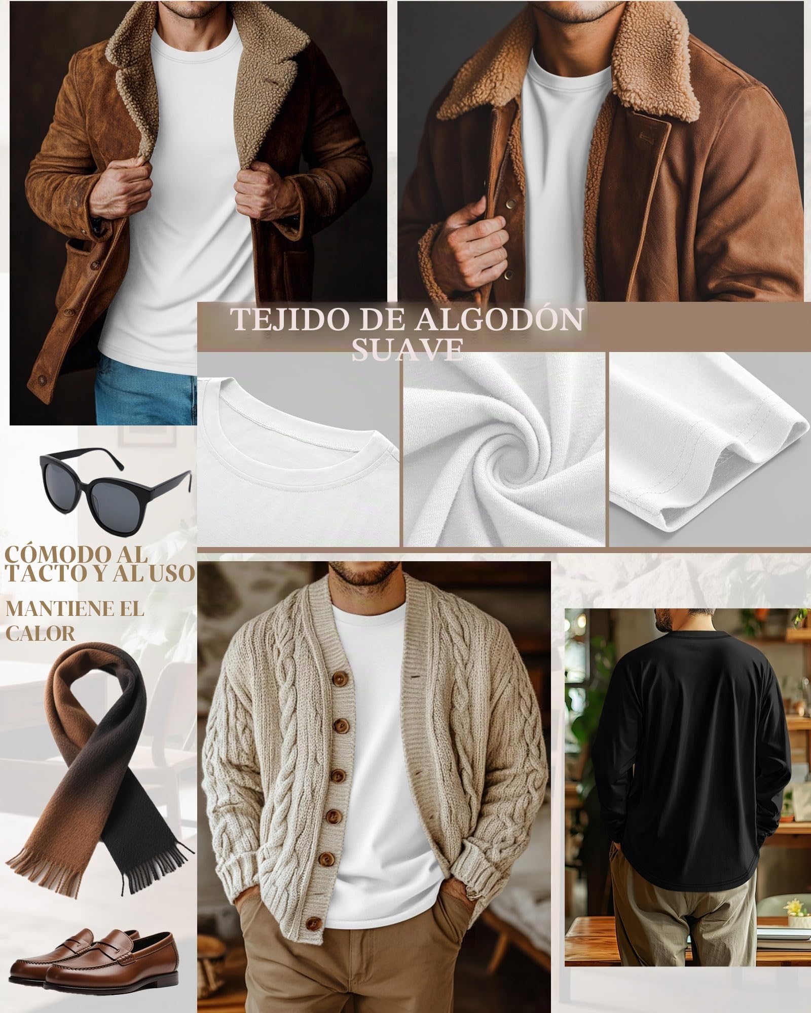 Neer Paquete de 4 Camisetas para Hombre, Tallas Grandes y Altas, 95% Algodón, Manga Larga, Cuello Redondo, Informales