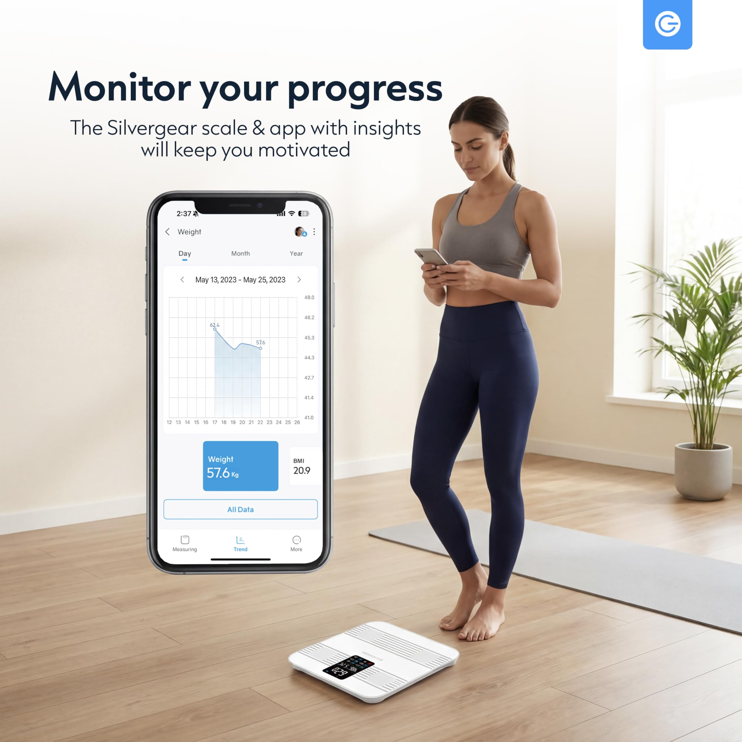Silvergear® Báscula de Grasa Corporal | Báscula de Análisis Corporal con Bluetooth y App| Mide Grasa Corporal, IMC, Masa Muscular, Agua, Proteínas, Peso Óseo, BMR y Frecuencia Cardíaca | Blanco