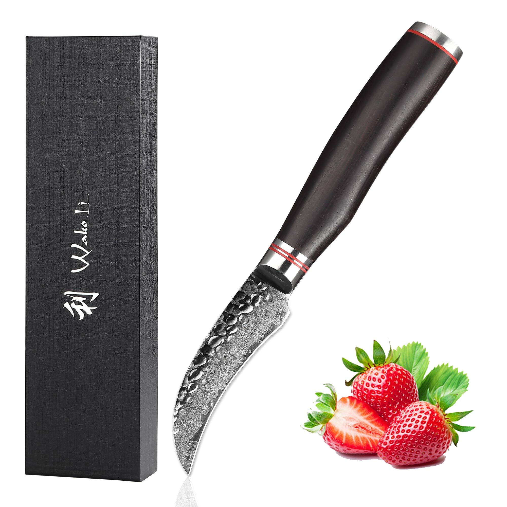 Wakoli EBO Schälmesser 8 cm Klinge aus 67 Lagen Damaststahl mit VG10-Kern | Schwarzer Eichenholzgriff, Hammerschlag, 19 cm Gesamtlänge und beidseitiger 15°-V-Schliff für Schälen, Putzen und Dekorieren.
