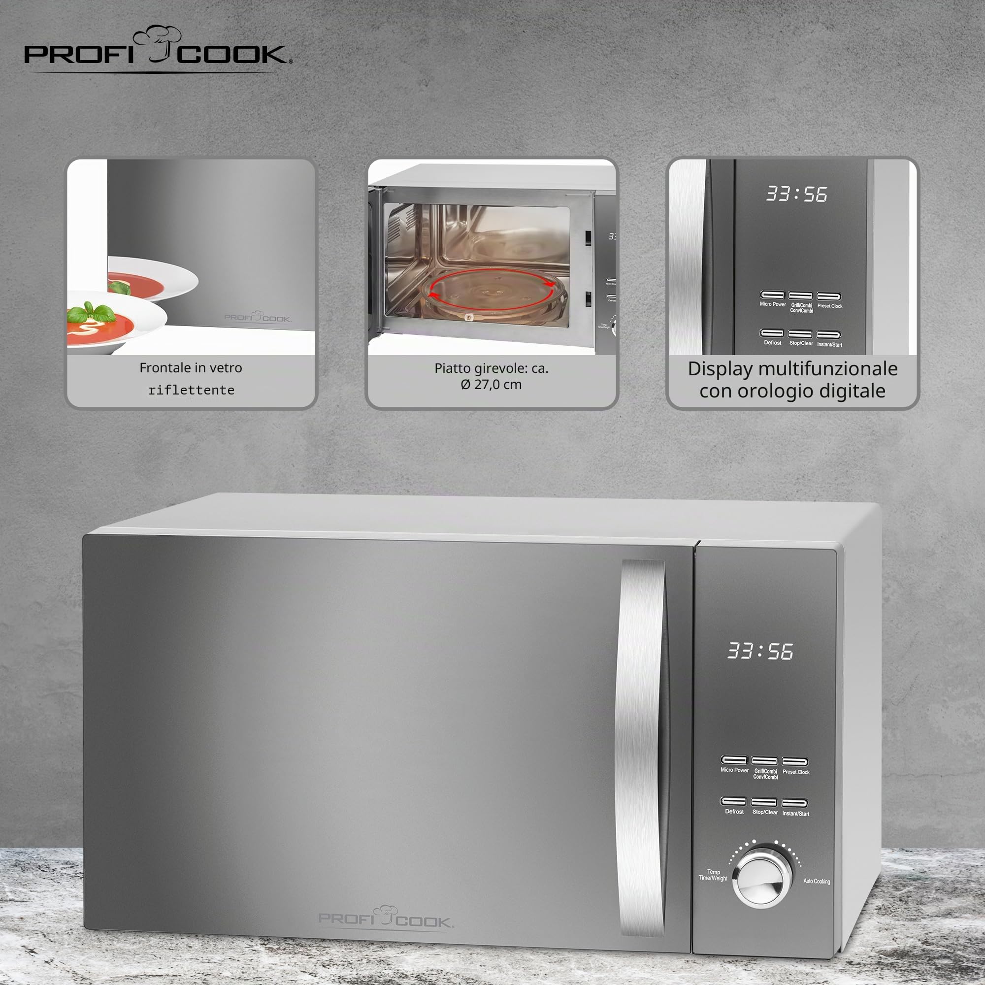 Profi Cook PC-MWG 1176 H, forno a microonde 3 in 1 con aria calda e grill, 23 litri, 2300 aria calda 1300, potenza grill: 800 Watt, 9 programmi automatici, 49 x 27,6 x 39,5 cm