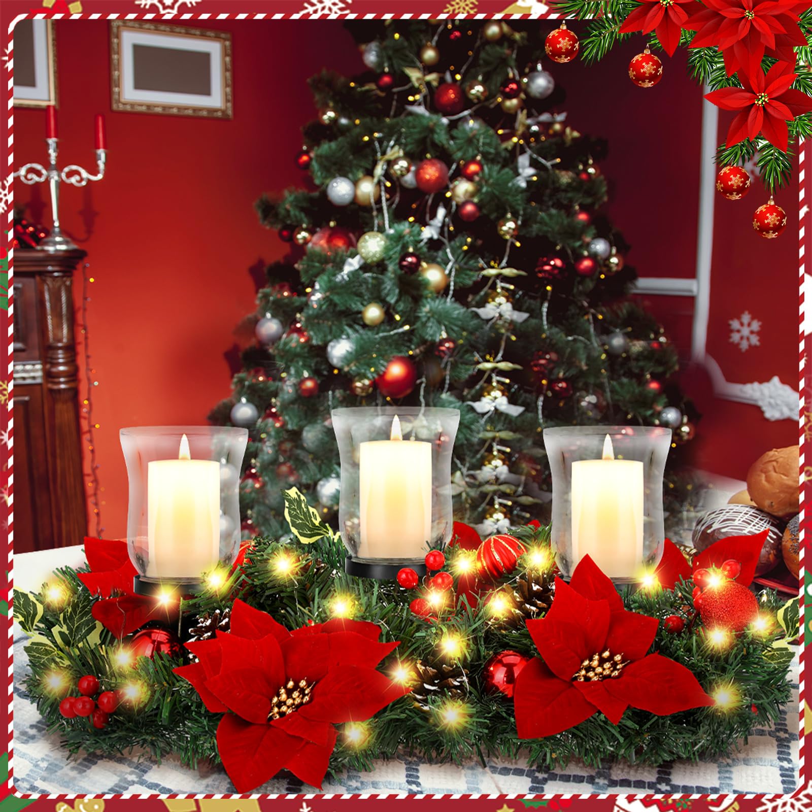 Sliner Poinsettia Candle Holder Centerpiece, Christmas Tealight Candle Holders, Glass Candle Holders, Romantic Holiday Candelabrum for Table Mantel