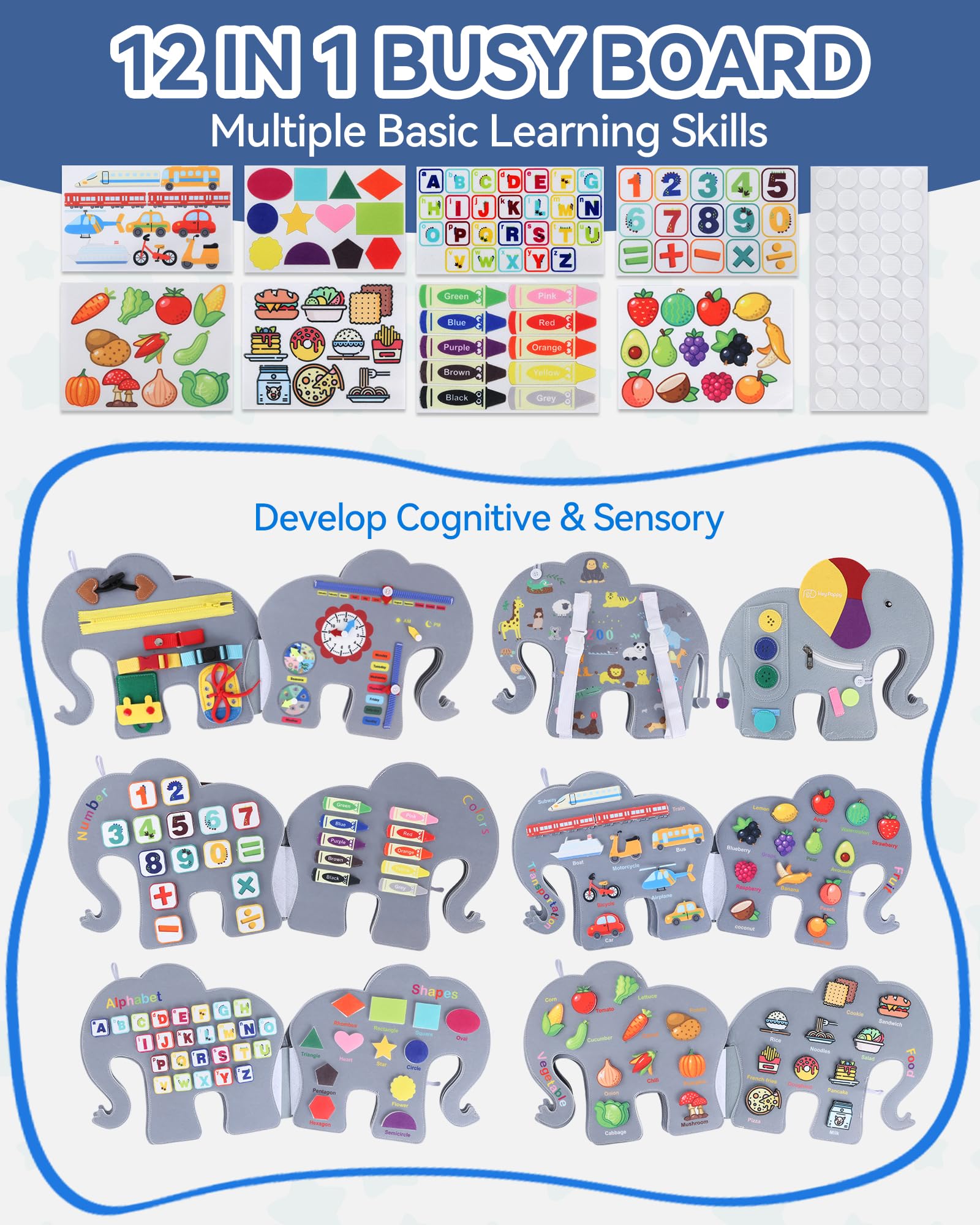 Heypappy Busy Board,12 in 1 Montessori Busy Board Feltro,Montessori Didattici Libro Sensoriale Educativo, Giocattolo per Abilità Motorie con Cintura Zaino Regalo Bambino Compleanno Natale