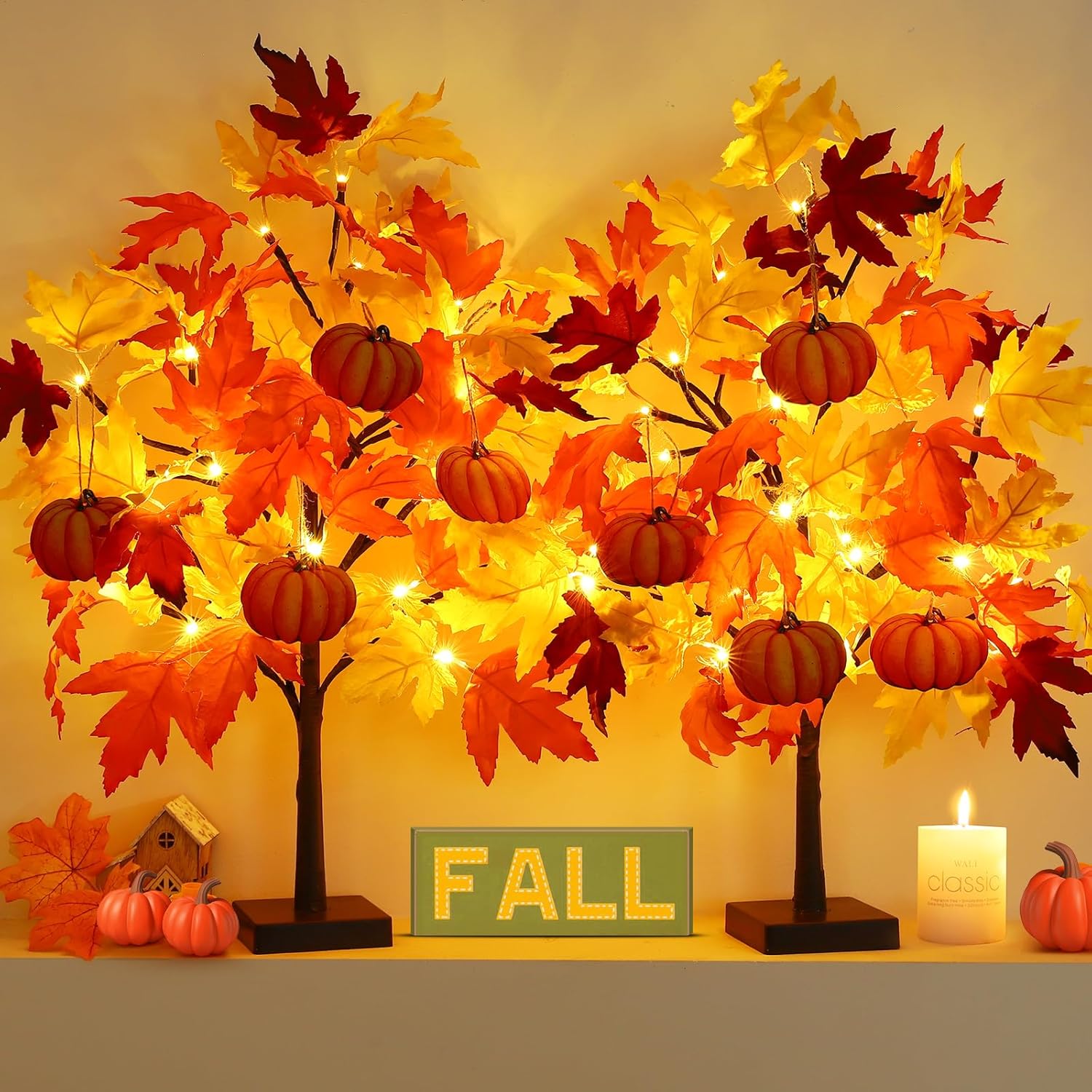 Fall Décor 2 Pack 24 Inch Fall Maple Tree with 48 LEDs Battery Operated Fall Lights with 8 PCS Pumpkin Wooden Hanging Ornaments Artificial Tree for Fall Thanksgiving Home Table Decorations