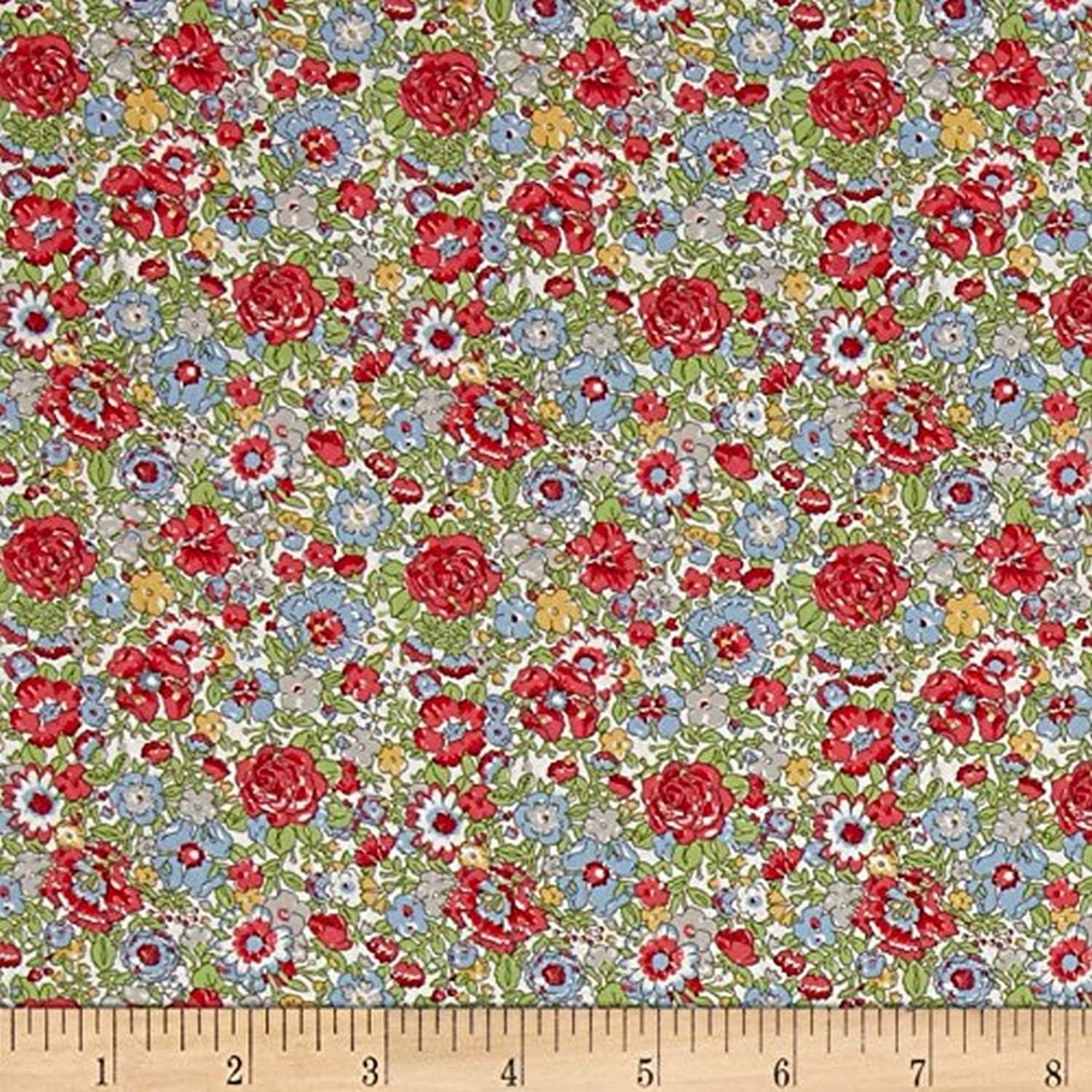 Liberty Fabrics Classic Tana Lawn Amelie Green/Red, Fabric by the Yard