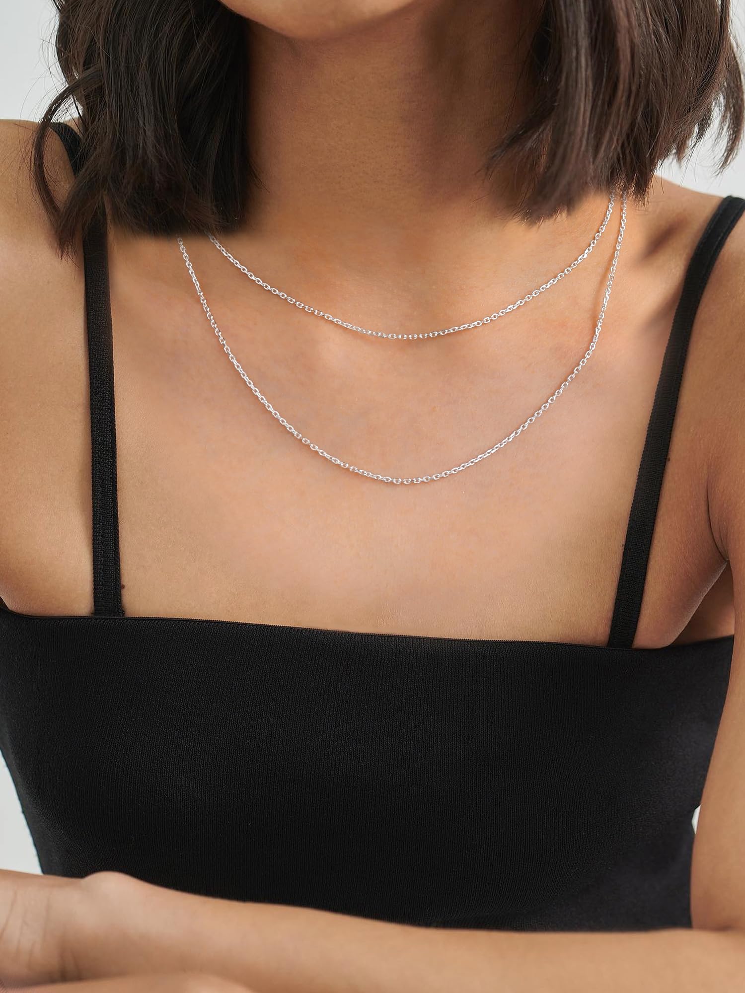 ChicSilver 2PC Cadenas Finas Mujer Plata de Ley 925 1.1mm 40cm 45cm Collar Minimalista
