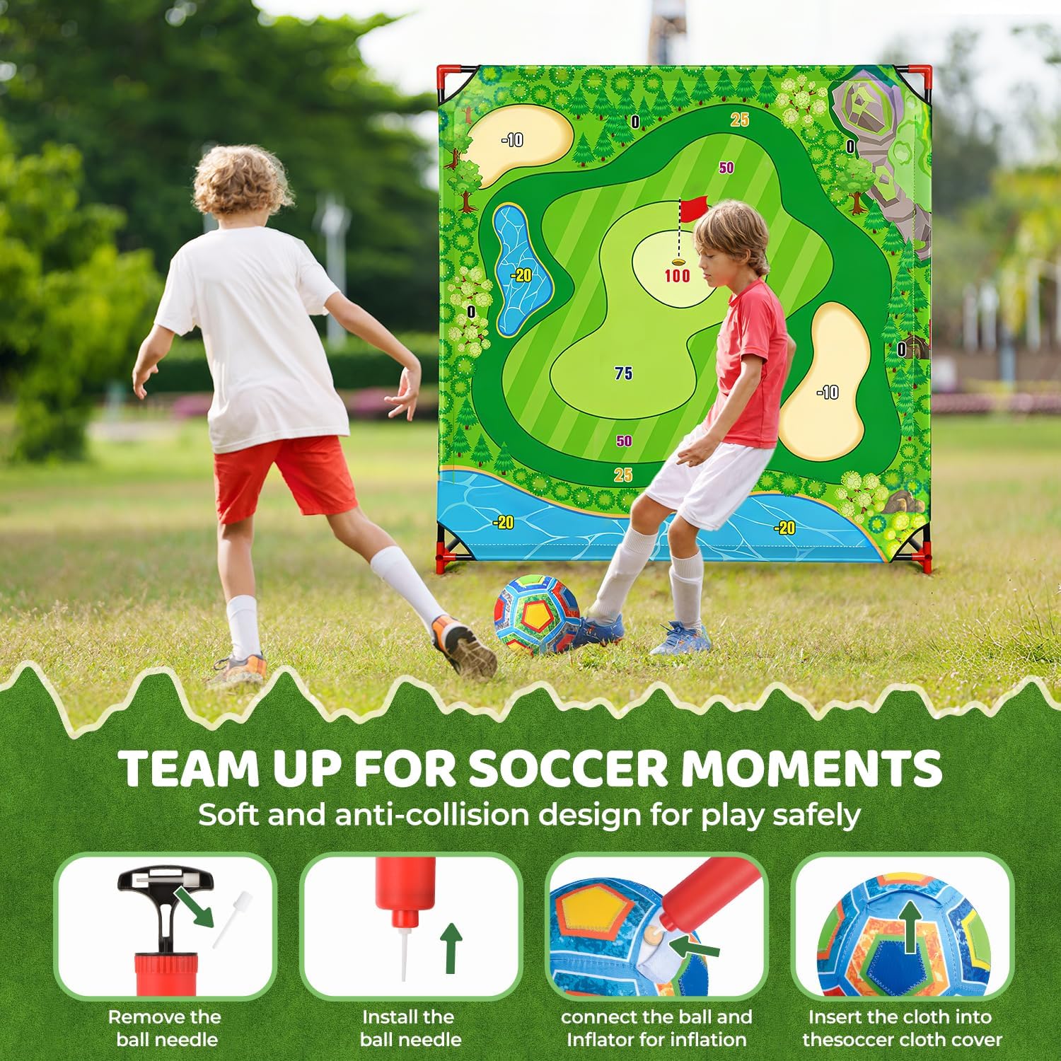 DyBaxa Golf Chipping Game - Golf Battle Game for Kids, 54*54 Golf Target Mat with 16 Sticky Balls, 8 Bean Bag, 6 Axe, 2 Soccer, Perfect for Family Fun, Outdoor Lawn, Poolside, Backyard Party Activity