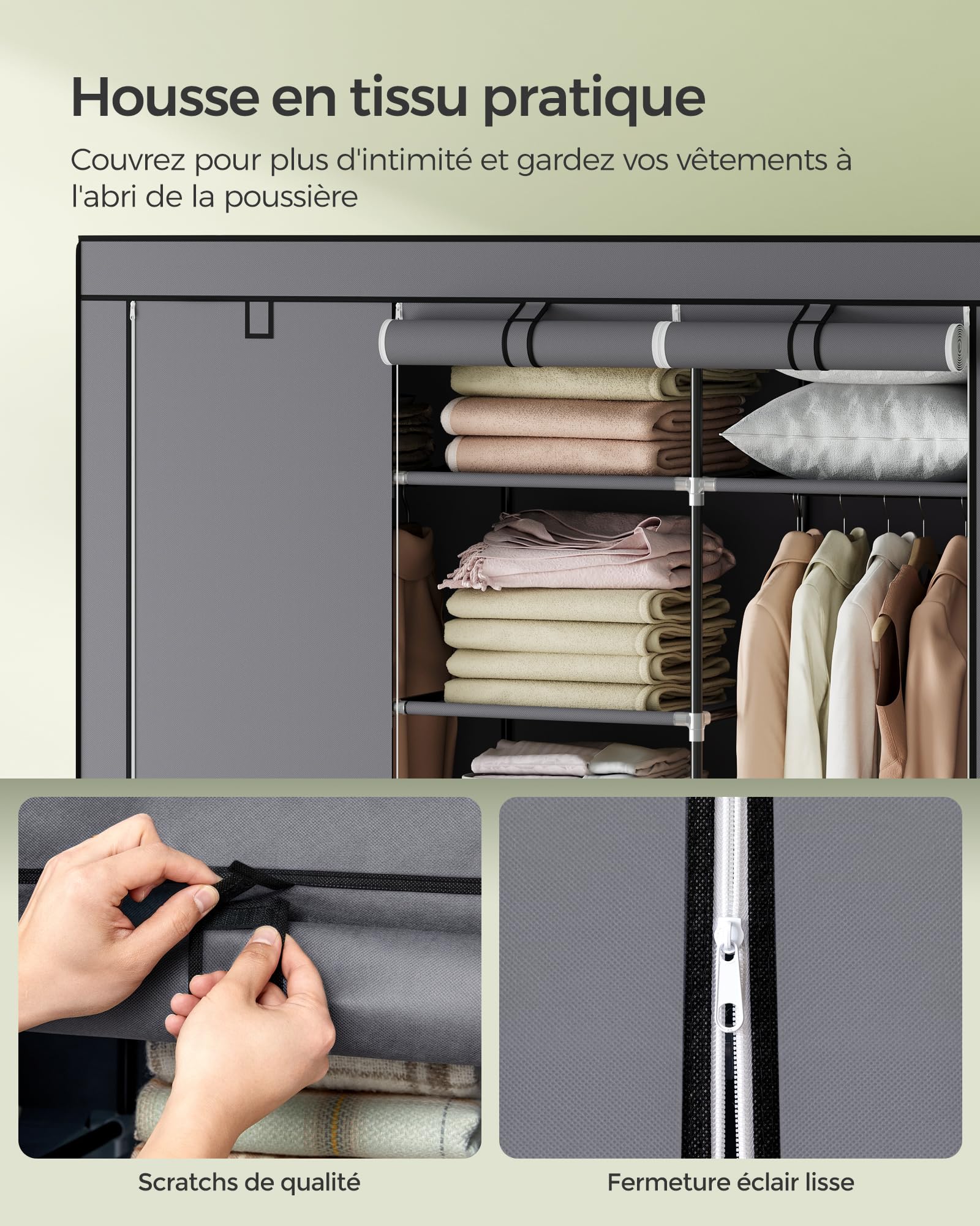 Songmics RYG12G Armoire de rangement en toile Gris 175 x 150 x 45 cm, tissu non tissé 95 g/m², tube métallique de 16 mm, connecteurs en plastique, 150 x 45 x 175 cm (L x W x H)