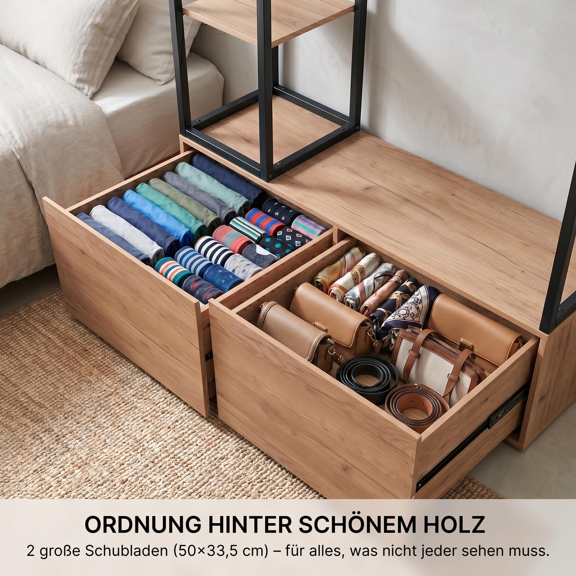 Offener Kleiderschrank System 120x180cm – Schmaler Kleiderständer 40cm Tiefe mit 2 großen Schubladen, Stabiler Garderobenständer Metall & MDF in Holz-Optik, Schwarz/Natur