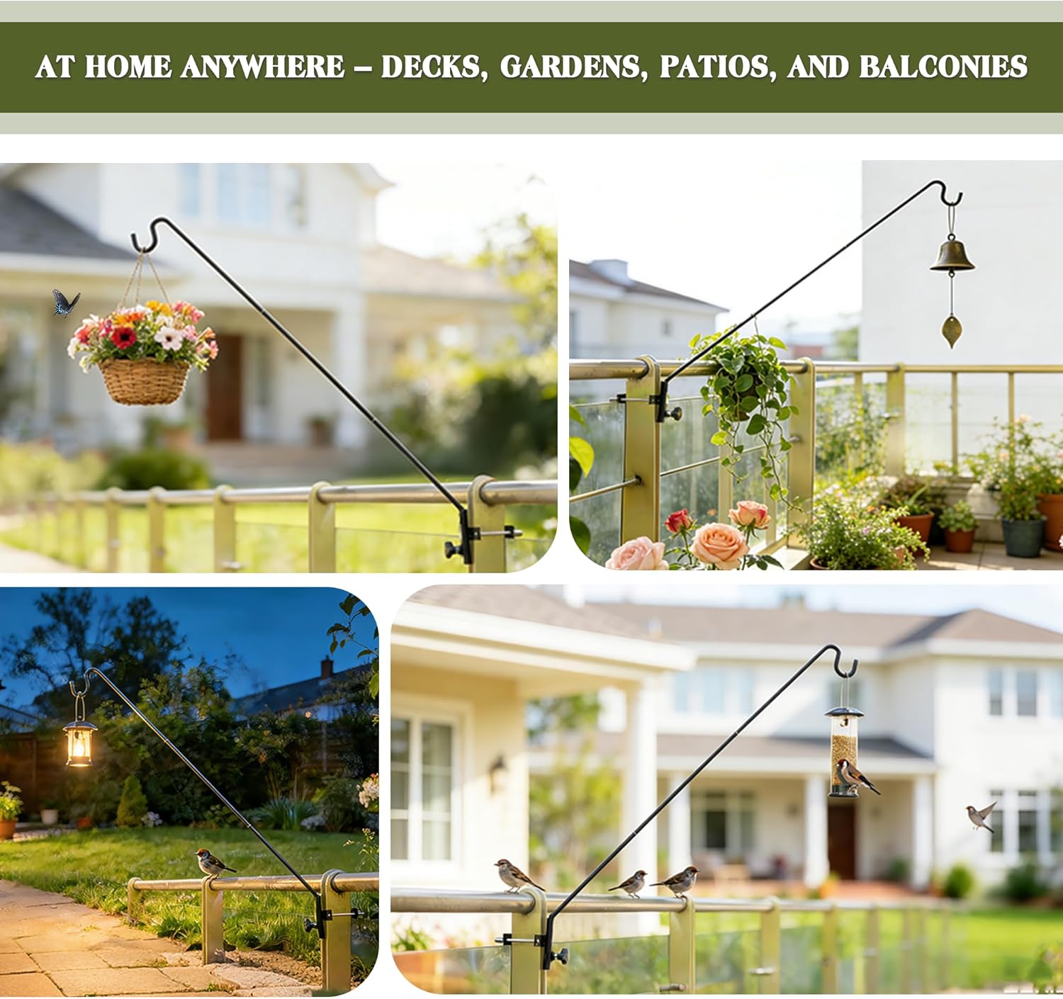 2 Packs Extended Fence Deck Heavy Duty Bird Feeder Hook, 360 Degree Rotary and Length Adjustable Plant Bracket for Bird Feeders Planters Suet Baskets Lanterns Wind Chimes and More