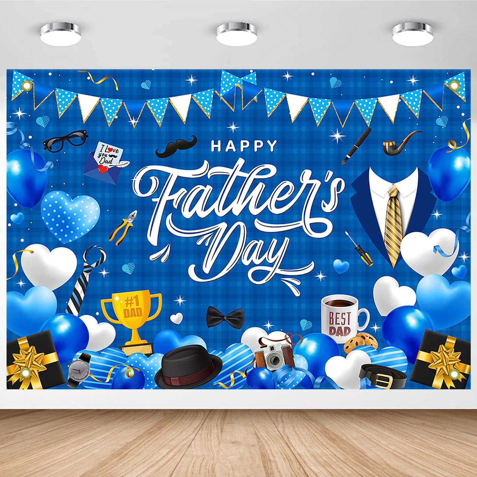 Photo 1 of Avezano Happy Father's Day Banner Happy Fathers Day Decorations for Party Blue Happy Fathers Day Backdrops for Photography Best Dad Party Banner for Indoor Outdoor Decor (7x5ft)