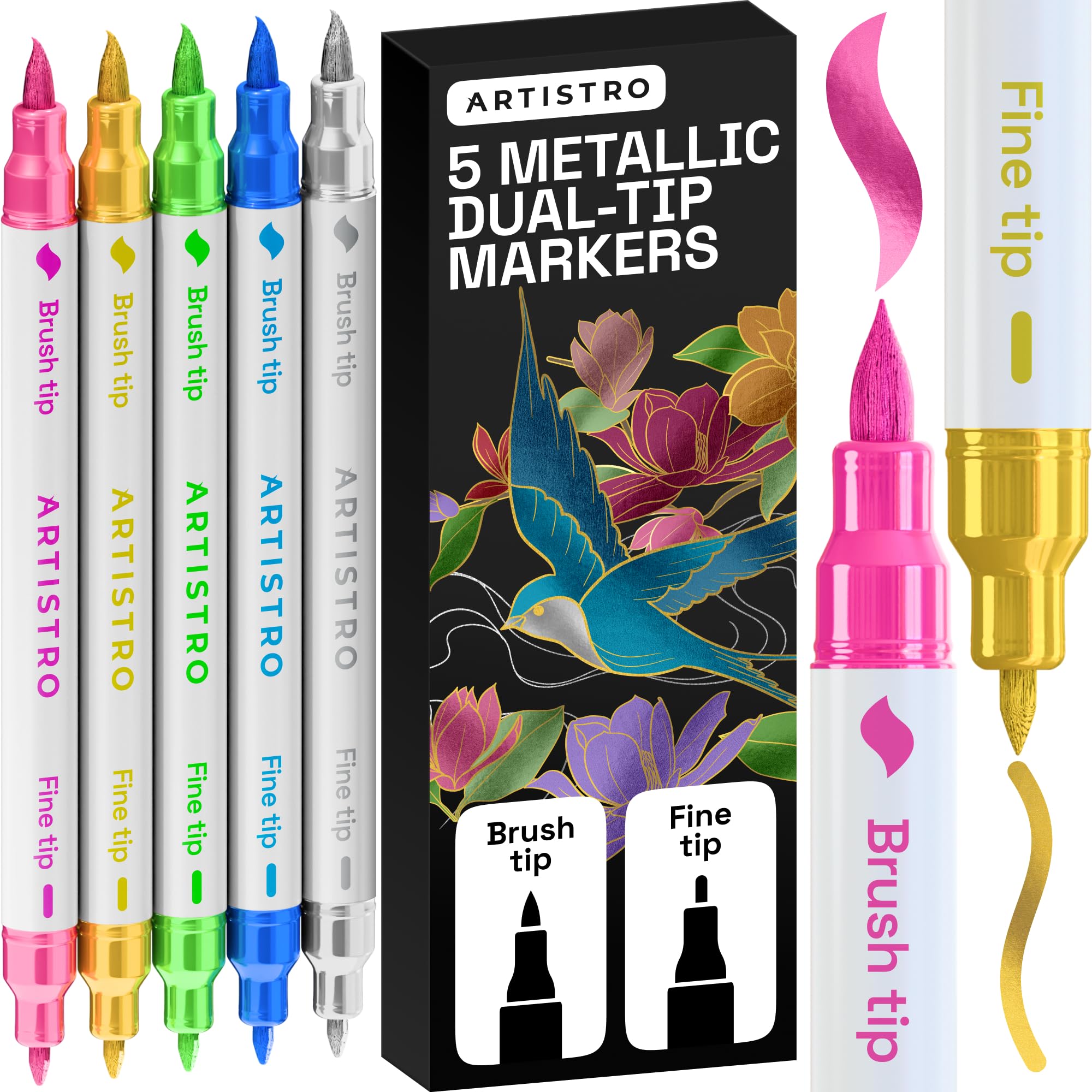 ARTISTRO 5 Metallic Dual-Tip Acrylic Paint Marker Pens for Drawing