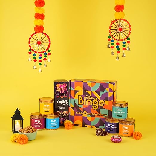 The Healthy Binge Gift Box Hamper | Healthy Snacks for Friends, Family,Corporate Employee Gifts | Assorted baked chips & snacks| Decorative Light | Pack of 6 (jars)