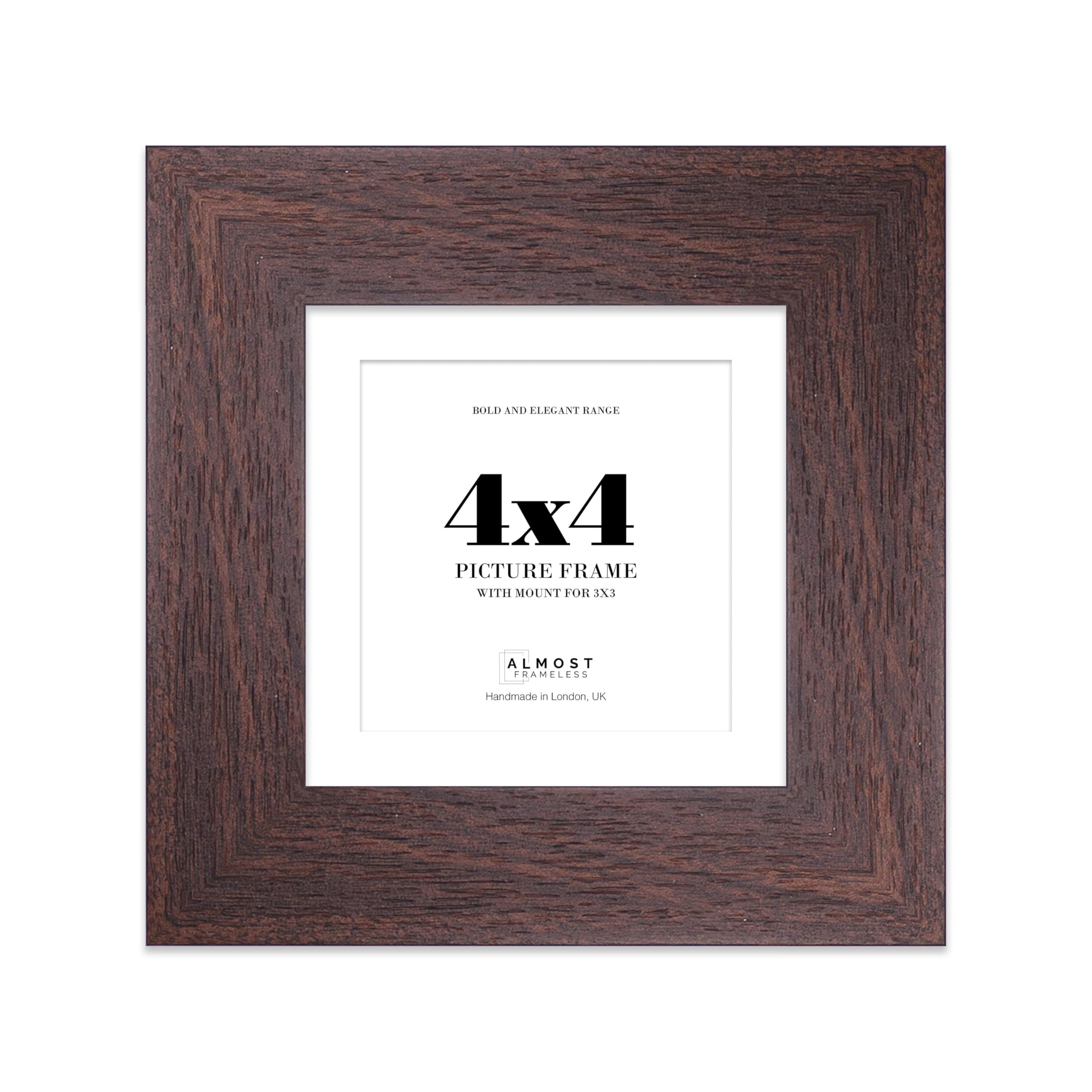 4x4 Walnut Square Frame With Mount for 3x3 Pictures 28mm Edge Frame Display with Wall Hooks and Kickstand, 1 Pack