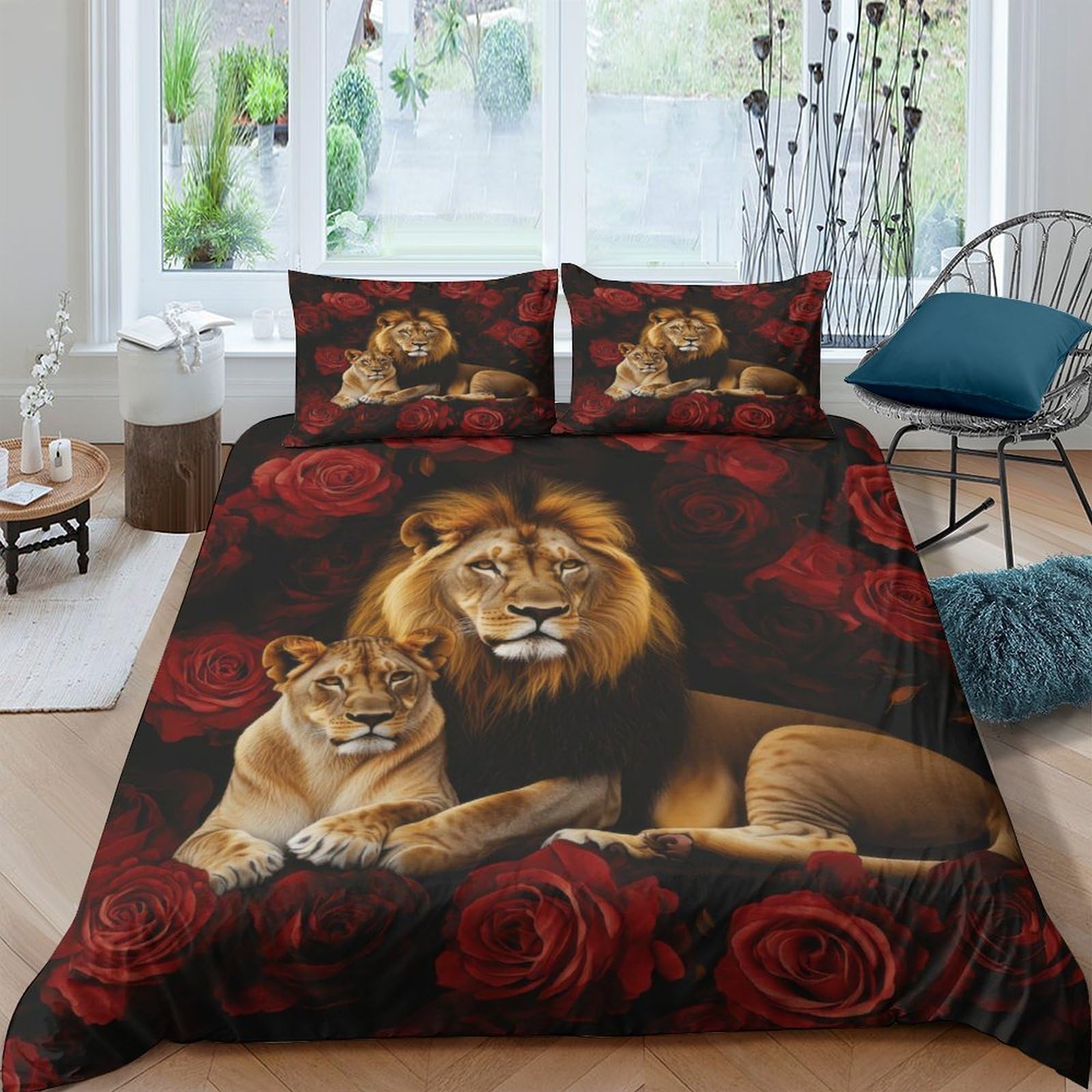 3D Printed Lion Rose Duvet Cover Microfiber Soft Breathable Wildlife Couples Bedding Set with 2 Pillowcases for Bedroom Decor Single（135x200cm）
