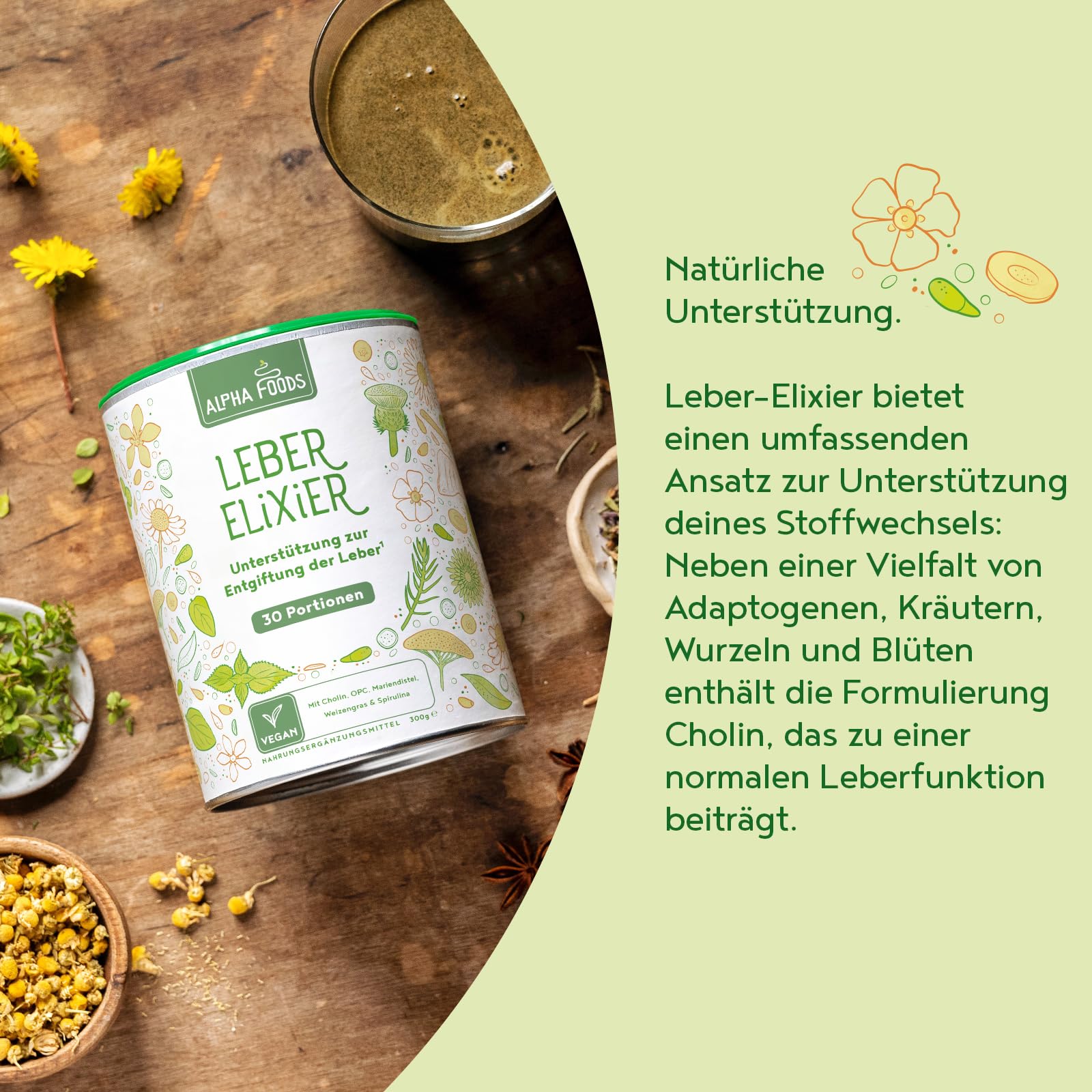 Leber Komplex Elixier 2.0 | 300g Vegan Pulver | Leberkur mit Weizengras, Spirulina, Cholin, Gerstengras, Brennnessel, Mariendistel, Löwenzahn, Chlorella | Alpha Foods