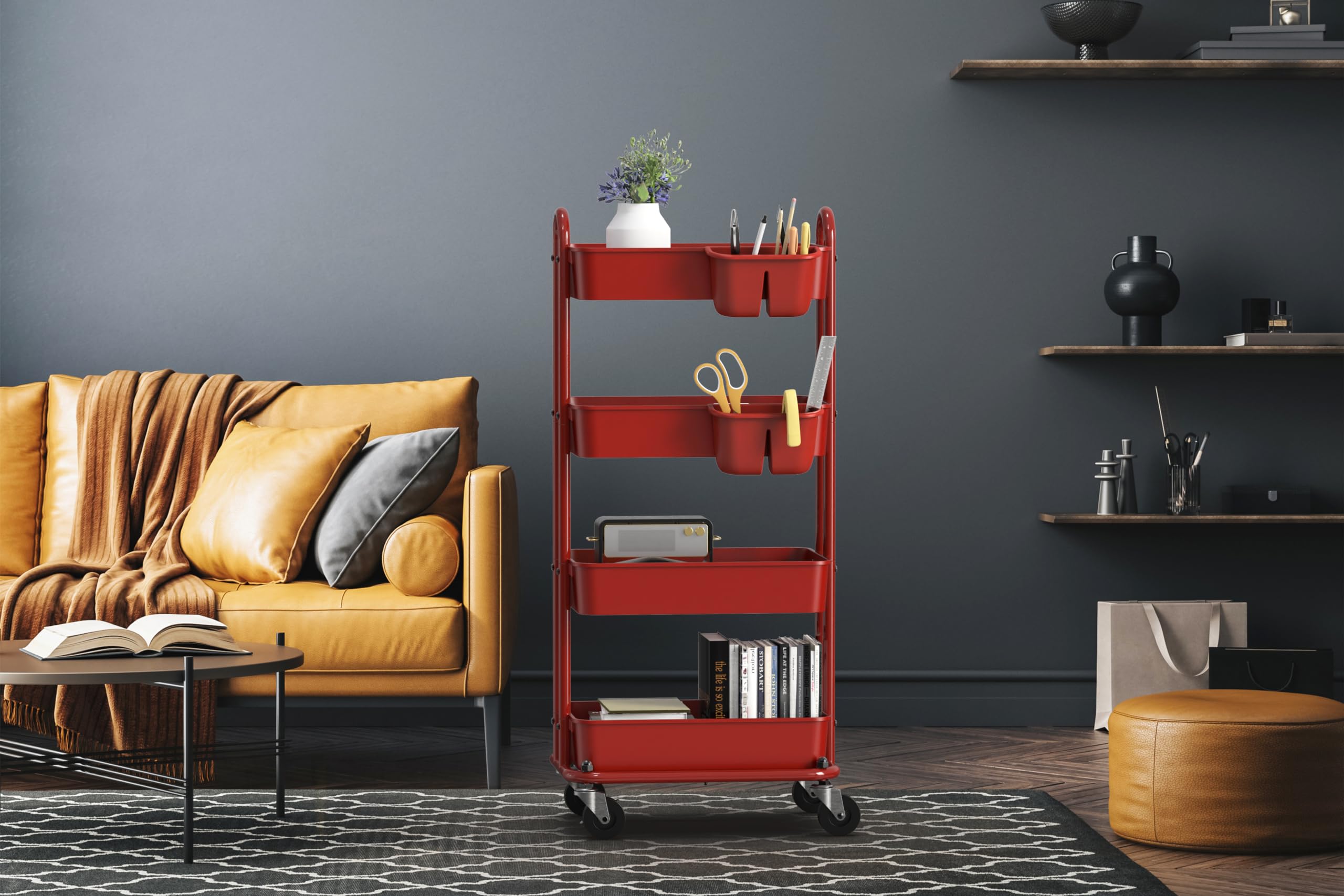 Simple Houseware 4-stufiger multifunktionaler Rollwagen mit Korbtrennwänden und hängenden Eimern, Rot
