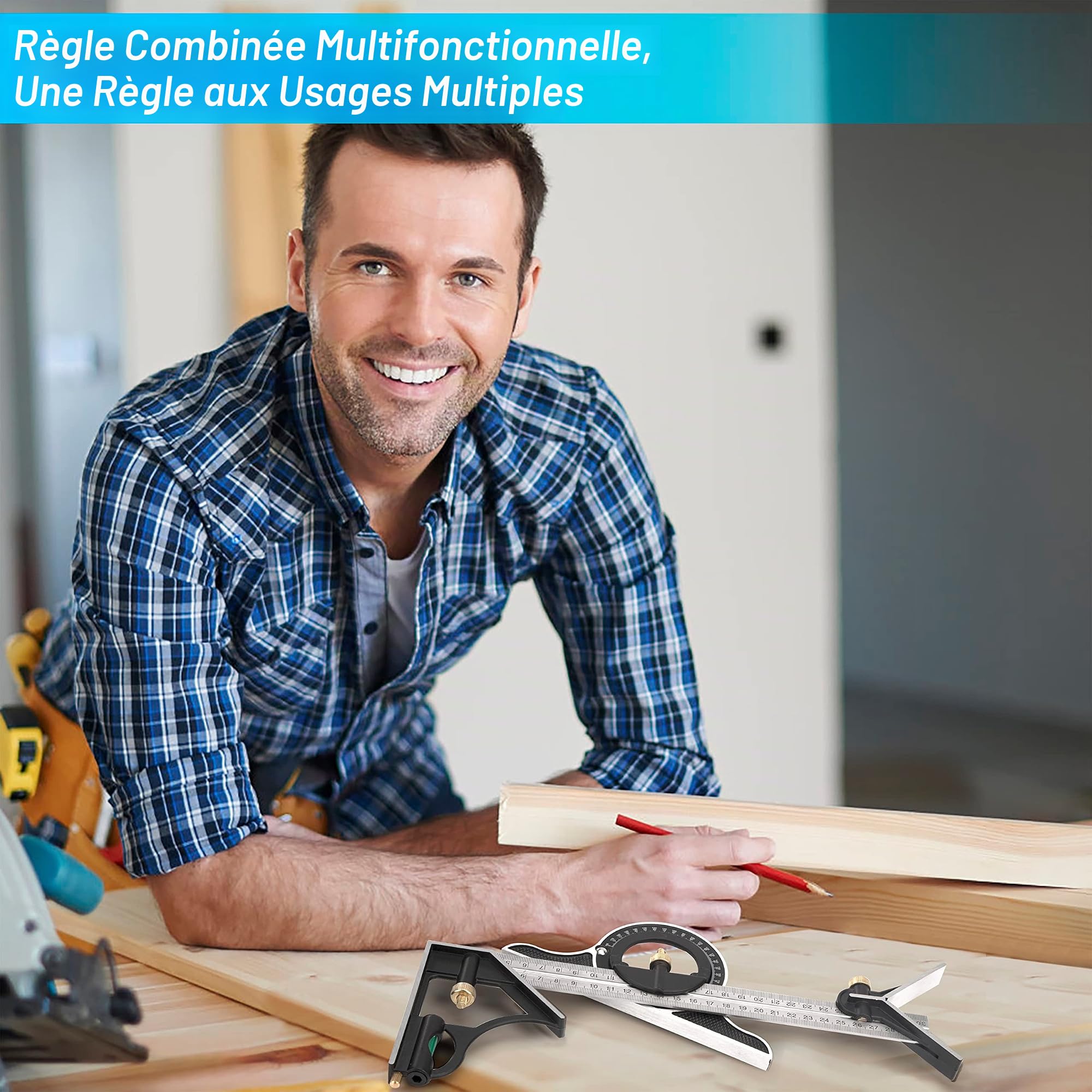 Équerre Combinée en Métal Règle de Menuiserie Multifonction Règle d'angle de Combinaison avec Rapporteur d'Angle à Niveau à Nulle Tête Droite 300 mm