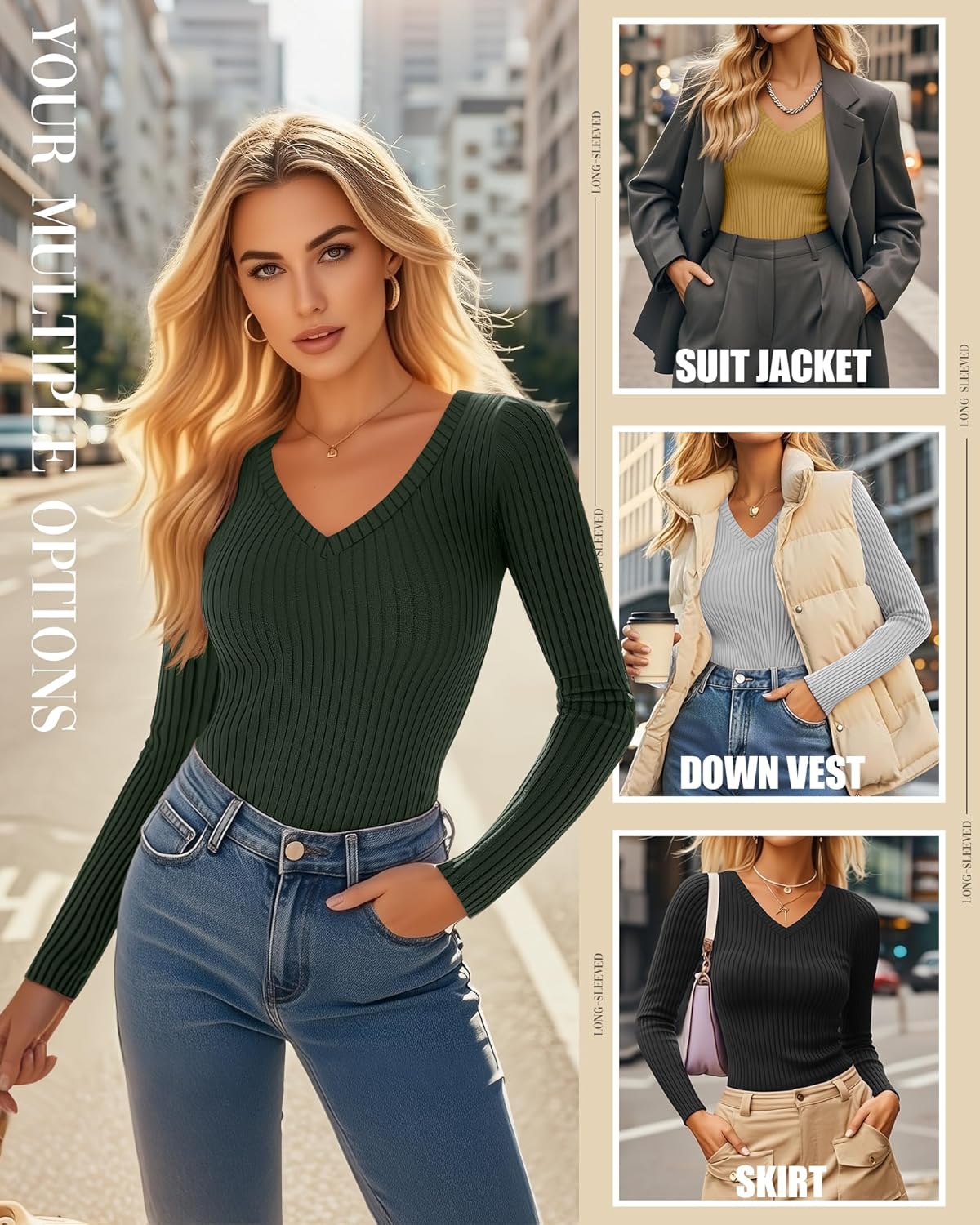 4 Pack Women's Thermal Shirts Long Sleeve Ribbed Cotton Tops V Neck Fitted Winter Undershirts Basic Base Layer - Image 2