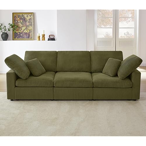 110.75 inch Oversized Modular Sofa Set,Three Seater Corduroy Couch W/Deep Seat, Extra Comfy Sectional w/overstuffed Cushion,Cloud Couch for Living Room,Apartment (Green, 112" Three Seater)