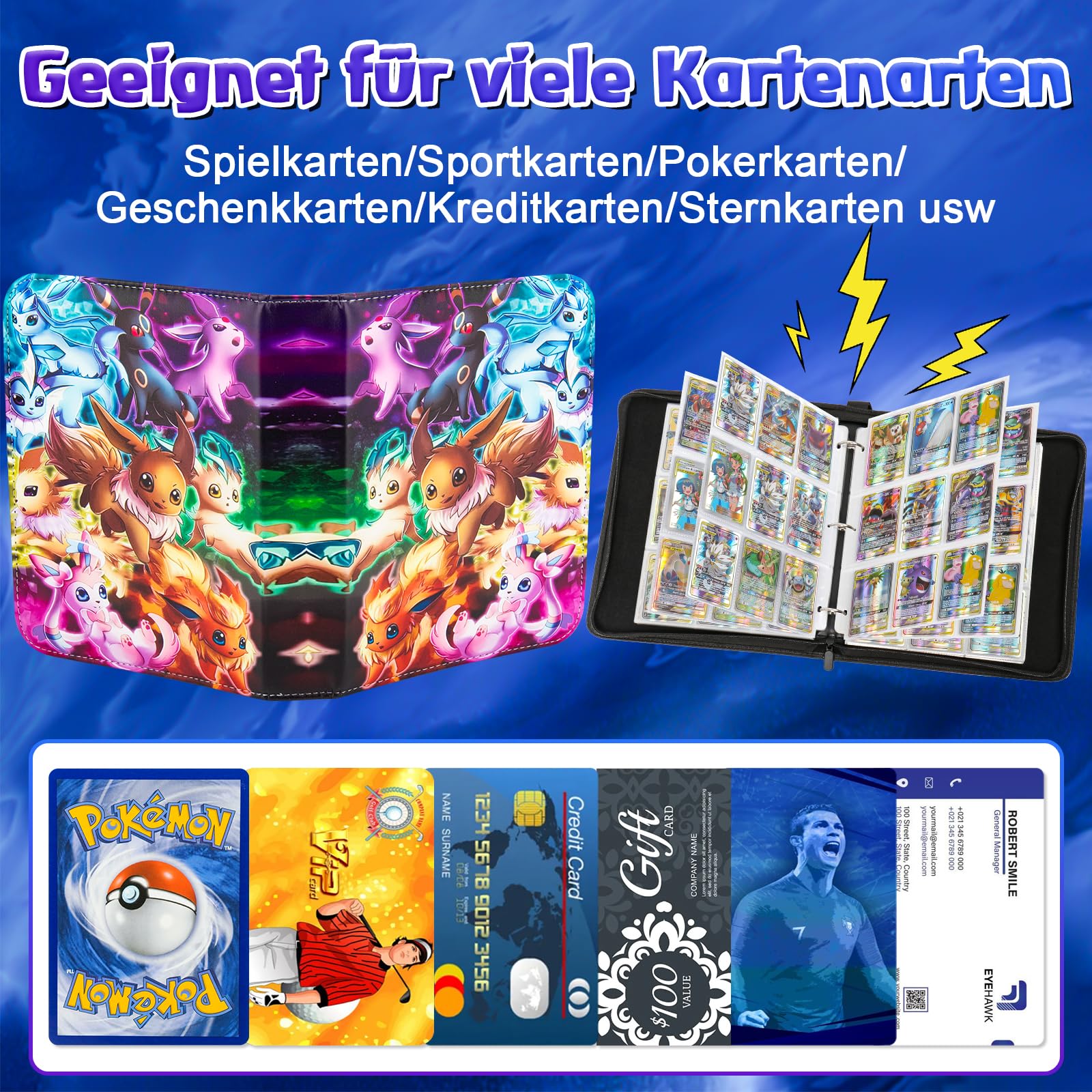 LYAILOOGXL Sammelalbum für Pokémon 900 Karten: 50 Seiten(9 Fächer) - Wasserdichtes PU-Leder - PVC-frei & kompatibel mit Scarlet & Violet, Sword & Shield - Für Kinder & Sammler ab 6 Jahren