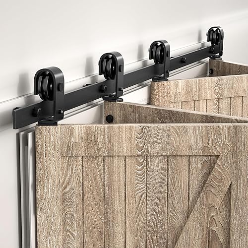Kit de herrajes para puerta corrediza de granero plegable de 6.6 pies80 pulgadas, riel negro para puerta de granero, rodillos de montaje superior,