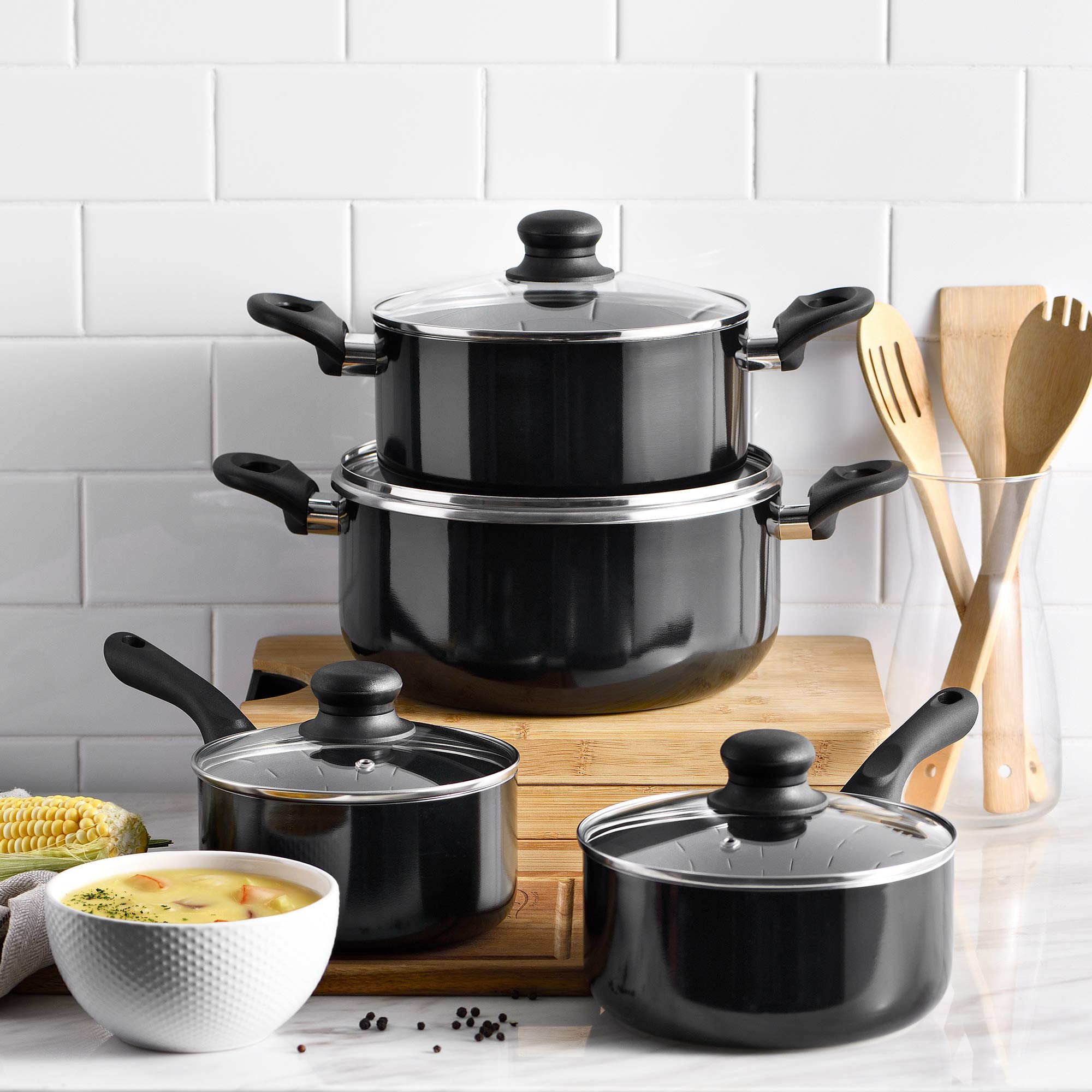 Set di pentole in alluminio pressofuso + set di 4 pezzi di utensili da cucina