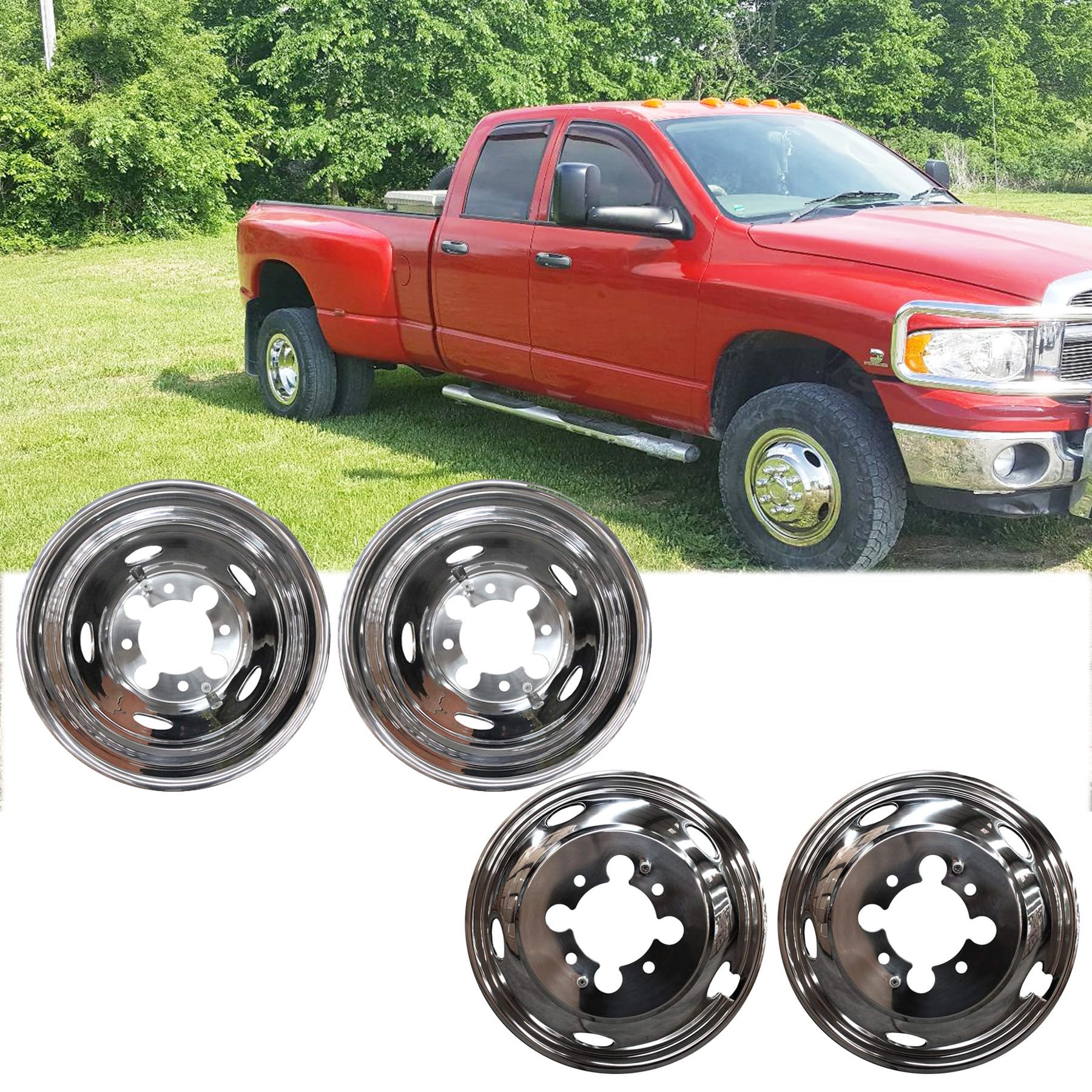4pcs Polished Front Rear Stainless Steel Wheel Simulators for 2003-2018 Dodge Ram 3500 Dually,17