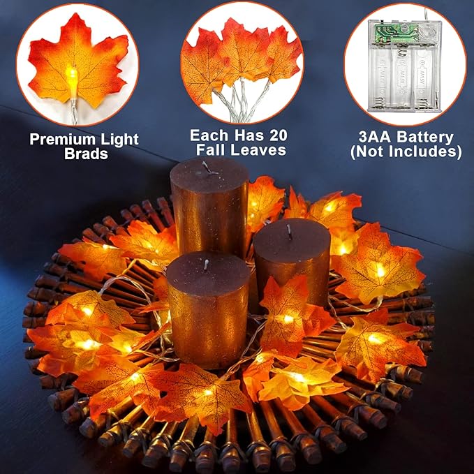 TURNMEON 2 Pack Fall Decor Enlarged Maples Leafed Lights - 20Ft 40LED