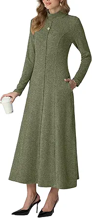 GRECERELLE Women's 2025 Fall Winter Casual Mock Neck Long Sleeve Flared Maxi Sweater Dress with Pockets (XS - 3XL)