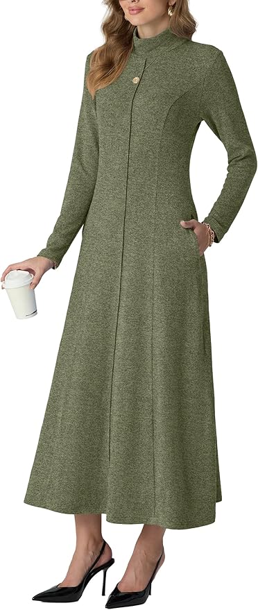 GRECERELLE Women's 2025 Fall Winter Casual Mock Neck Long Sleeve Flared Maxi Sweater Dress with Pockets (XS - 3XL)