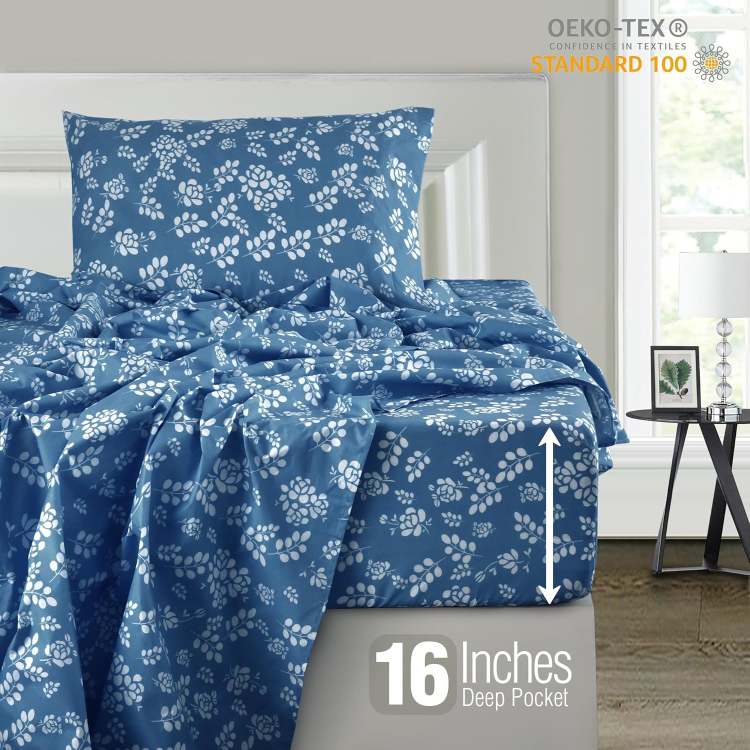 LUX Décor Floral Twin Sheet Set - 3 Piece Ultra-Soft Microfiber Bed Sheets with Flat Sheet, 16 Inches Deep Pocket Fitted Sheet & Pillowcases, Breathable, Bedroom Decor, Oeko-TEX - Navy Blue - Image 7