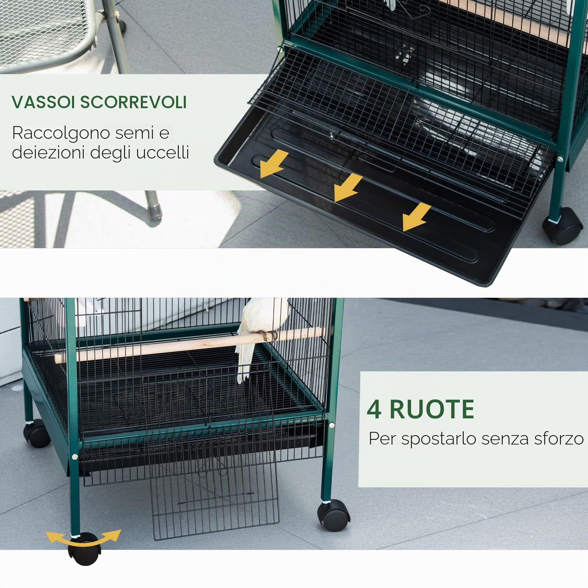 PawHut Gabbia per uccelli autoportante grande - voliera doppia con mangiatoie, posatoi, vassoio estraibile - rotelle - 51,5 x 50 x 140 cm verde nero