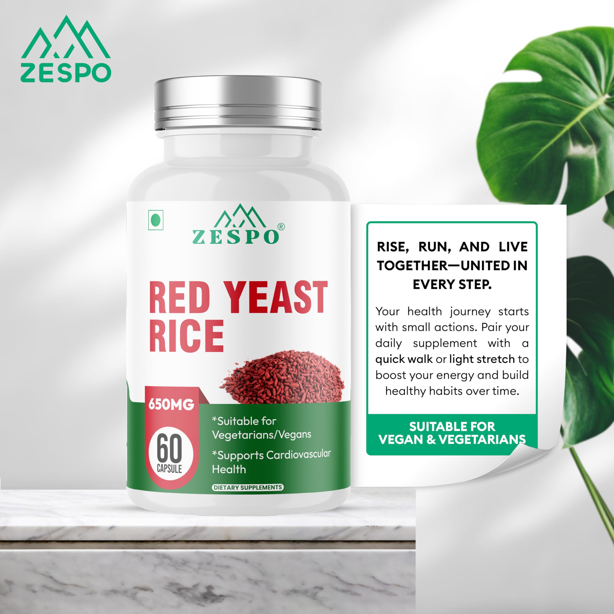 ZESPO Red Yeast Rice 650mg with CoQ10 β 60 Veg Capsules | Plant-Based Supplement for Daily Wellness & Heart-Friendly Nutrition | No Gluten, No Soy, Non-GMO 3
