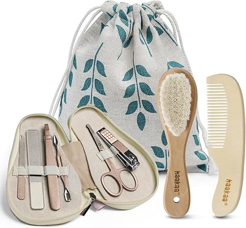 haakaa Juego de cepillo y peine para el pelo del bebé y kit de manicura para recién nacidos y niños pequeños, cerdas de cabra suaves naturales y